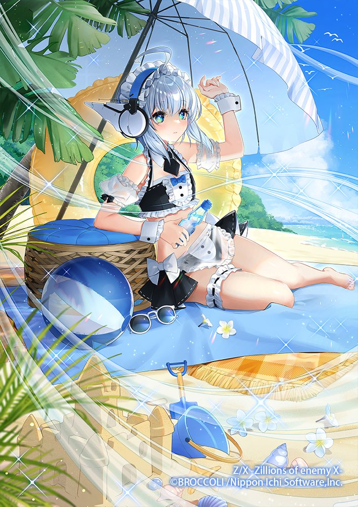 spinel (9057), z/x, official art, 1girl, ahoge, ball, beach, beach mat, beach umbrella, beachball, bikini, blue eyes, bottle, bucket, closed mouth, copyright notice, flower, frilled thigh strap, frilled wrist cuffs, frills, grey hair, headphones, holding, holding bottle, innertube, maid, maid bikini, maid headdress, medium hair, outdoors, ramune, sand, sand castle, sand sculpture, shell, shovel, sitting, solo, sparkle, sunglasses, swim ring, swimsuit, thigh strap, tree, umbrella, unconventional maid, unworn eyewear, white flower, white wrist cuffs, wrist cuffs, yokozuwari, yui (z/x)