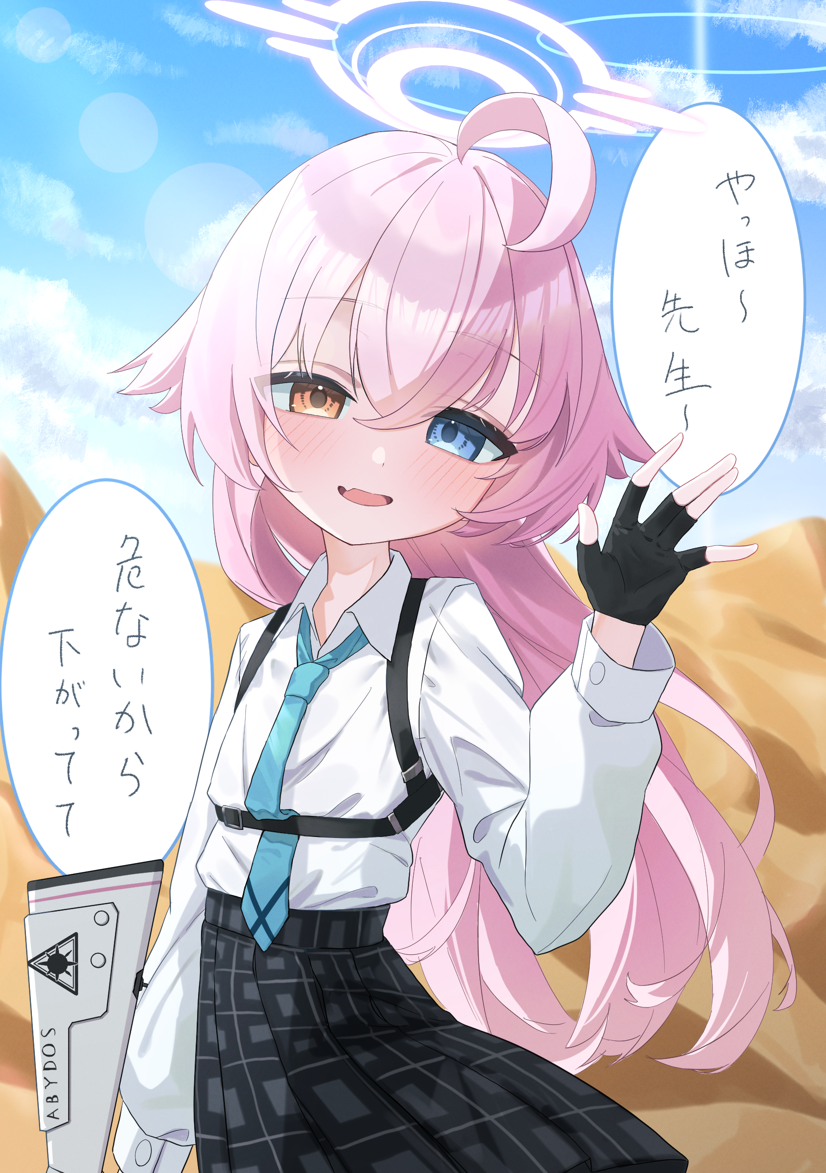 uzuraa, hoshino (blue archive), blue archive, commentary, highres, translated, 1girl, ahoge, arm at side, black gloves, black skirt, blue eyes, blue necktie, blue sky, blush, brown eyes, chest harness, cowboy shot, day, desert, fang, fingerless gloves, flat chest, gloves, hair between eyes, halo, hand up, harness, heterochromia, long hair, looking at viewer, necktie, open mouth, outdoors, pink hair, pink halo, sand, shirt, shirt tucked in, skin fang, skirt, sky, smile, solo, speech bubble, waving, white shirt