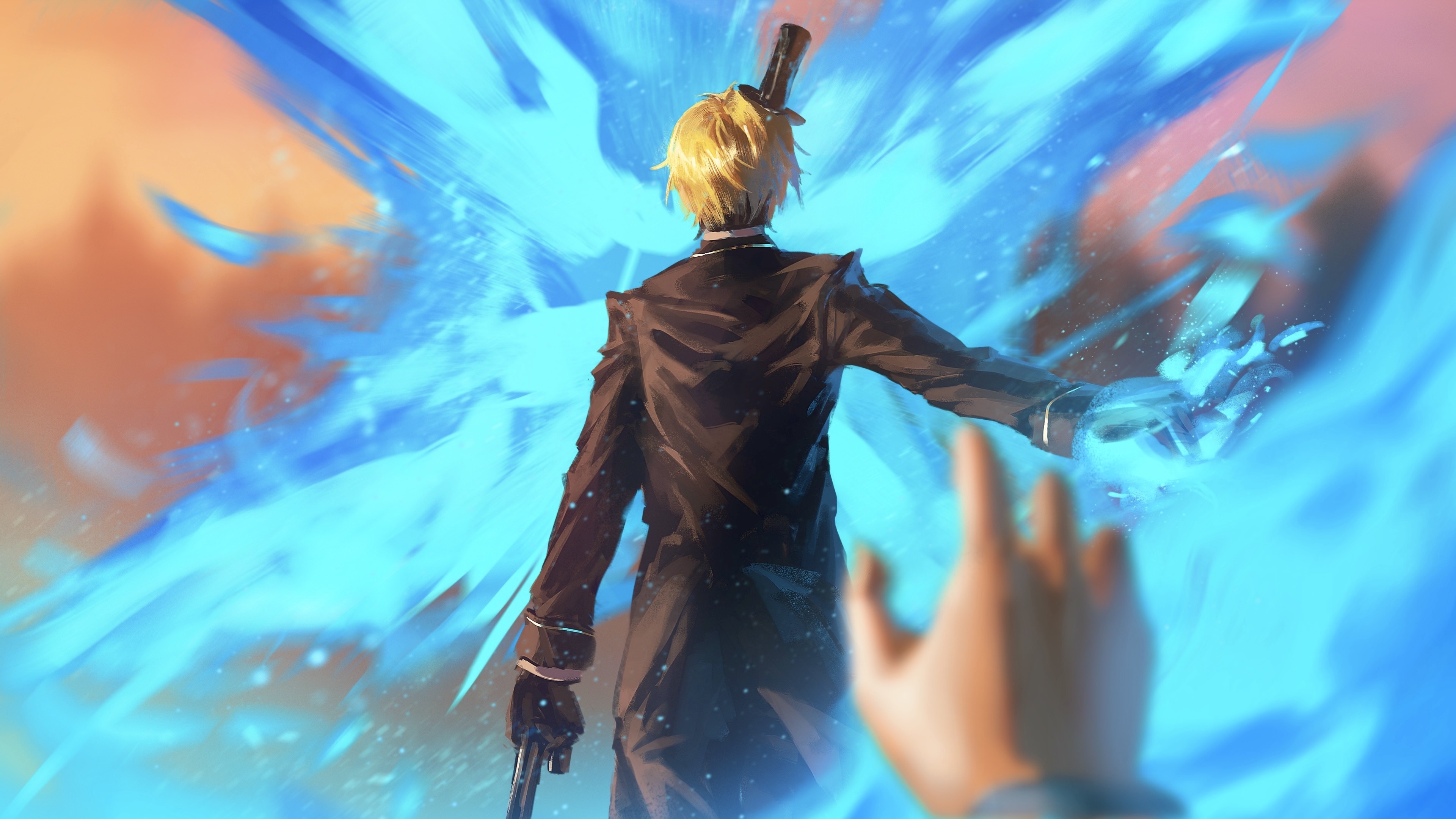 suikamelony, bill cipher, dipper pines, gravity falls, absurdres, highres, blonde hair, hat, magic, male focus, painterly, personification, pov, pov hands, realistic, short hair, solo focus, top hat