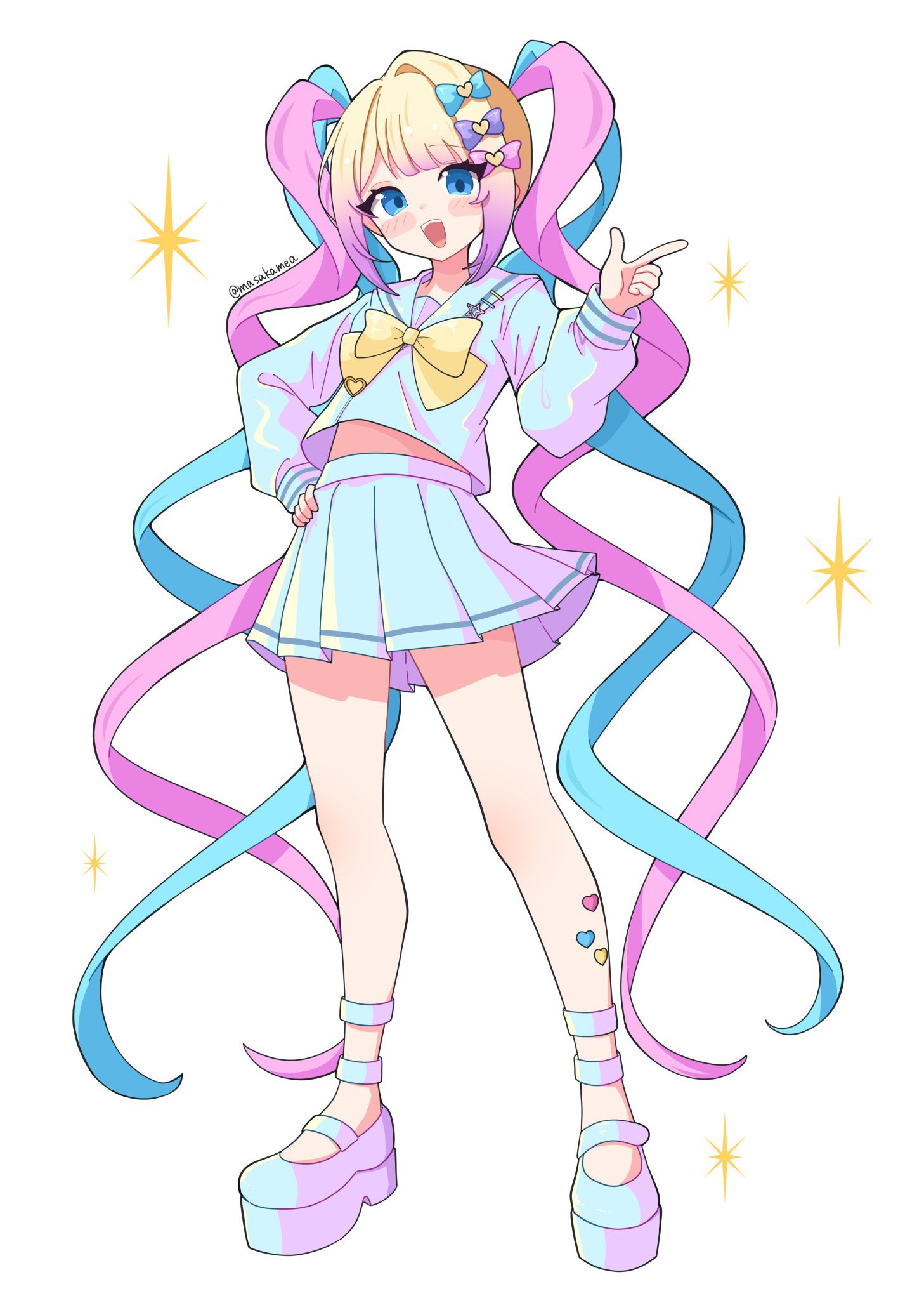 masakamea, chouzetsusaikawa tenshi-chan, needy girl overdose, highres, 1girl, :d, blonde hair, blue eyes, blue hair, blue serafuku, blunt bangs, blush, bow, chest bow, colored tips, finger gun, full body, hair bow, hand on own hip, looking at viewer, midriff, multicolored hair, multiple hair bows, open mouth, pink hair, platform sandals, quad tails, sandals, school uniform, serafuku, sidelocks, smile, solo, sparkle, standing