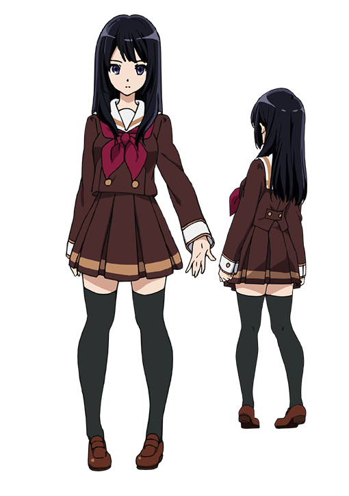 kousaka reina, hibike! euphonium, official art, second-party source, 1girl, black hair, black thighhighs, brown serafuku, brown shirt, brown skirt, closed mouth, full body, kitauji high school uniform, loafers, long hair, long sleeves, looking at viewer, multiple views, neckerchief, pleated skirt, purple eyes, red neckerchief, sailor collar, school uniform, serafuku, shirt, shoes, simple background, skirt, standing, tachi-e, thighhighs, transparent background, turnaround, white sailor collar