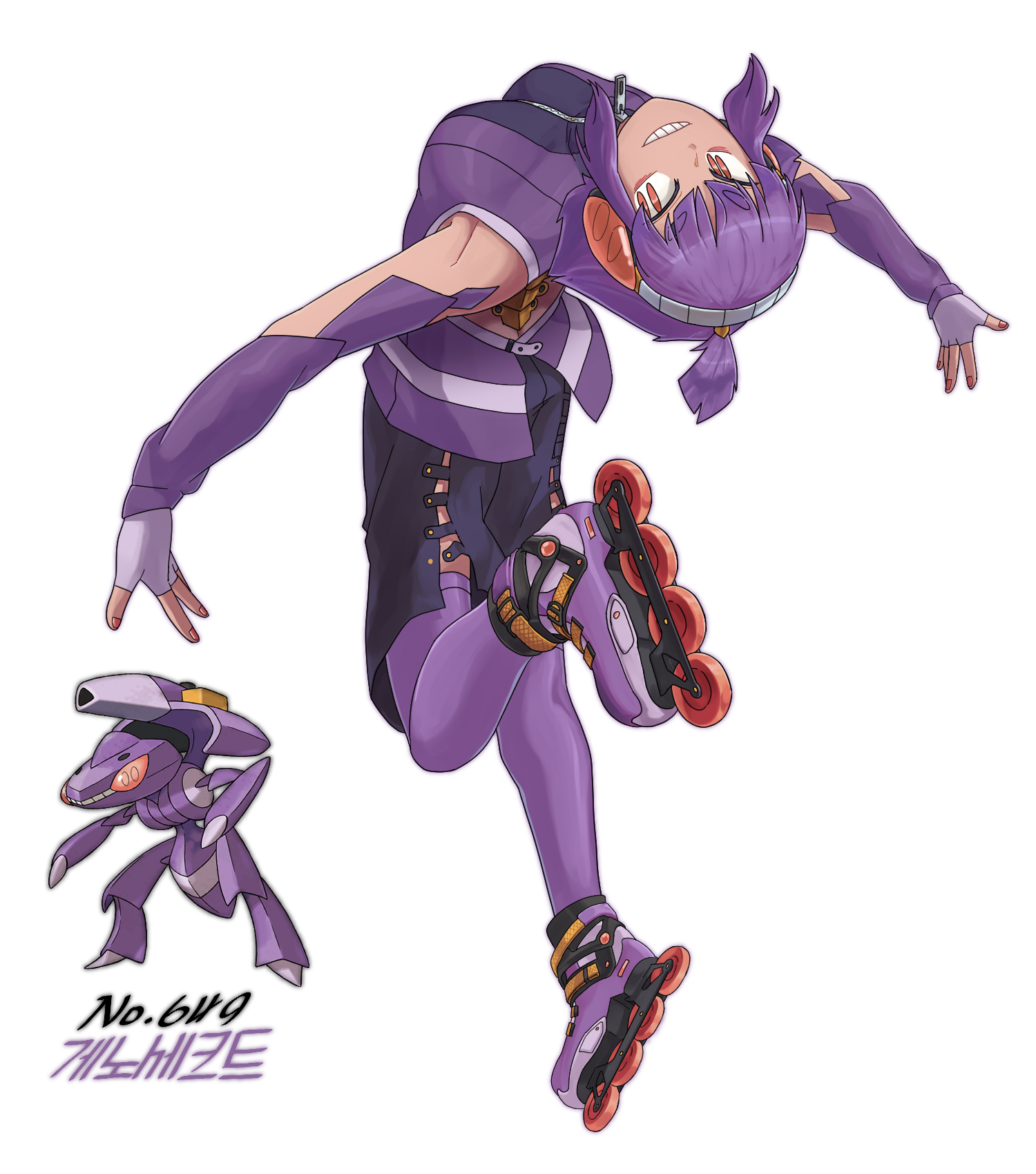 qumyak, genesect, nintendo, pokemon, highres, korean commentary, 1girl, black skirt, creature and personification, gen 5 pokemon, headphones, inline skates, jacket, legendary pokemon, looking at viewer, looking back, mythical pokemon, orange eyes, personification, pokedex number, purple jacket, purple thighhighs, roller skates, short hair, skates, skirt, sleeveless, sleeveless jacket, solo, thighhighs, white background, zipper