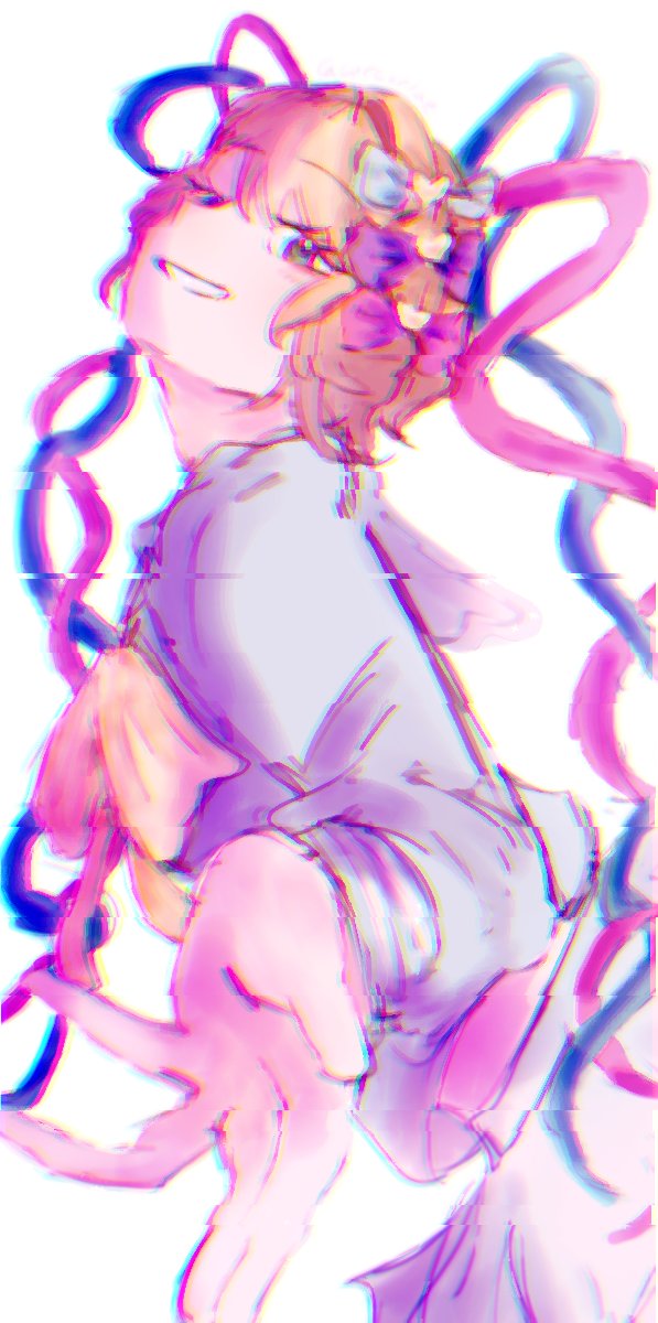 chouzetsusaikawa tenshi-chan, needy girl overdose, highres, 1girl, :d, blonde hair, blue eyes, blue hair, blue serafuku, blurry, bow, chest bow, corcorlae, cowboy shot, glitch, grin, hair bow, looking at viewer, multiple hair bows, offering hand, open mouth, pink hair, quad tails, reaching, reaching towards viewer, school uniform, serafuku, sidelocks, smile, solo