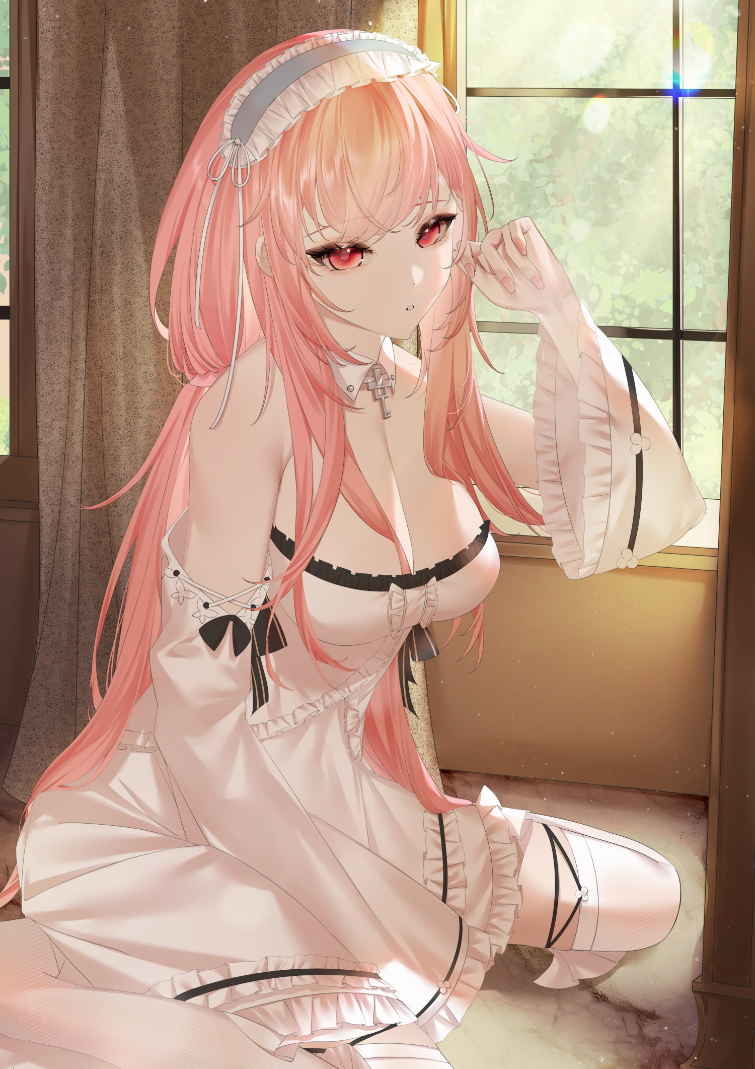 jiaotang xuebi, perseus (azur lane), azur lane, commentary request, highres, variant set, 1girl, adapted costume, breasts, curtains, detached collar, detached sleeves, dress, frilled dress, frills, from side, indoors, long hair, long sleeves, looking at viewer, mask, mask on head, medium breasts, nightgown, pink hair, red eyes, sleep mask, sleepwear, solo, thighhighs, white dress, white thighhighs, window