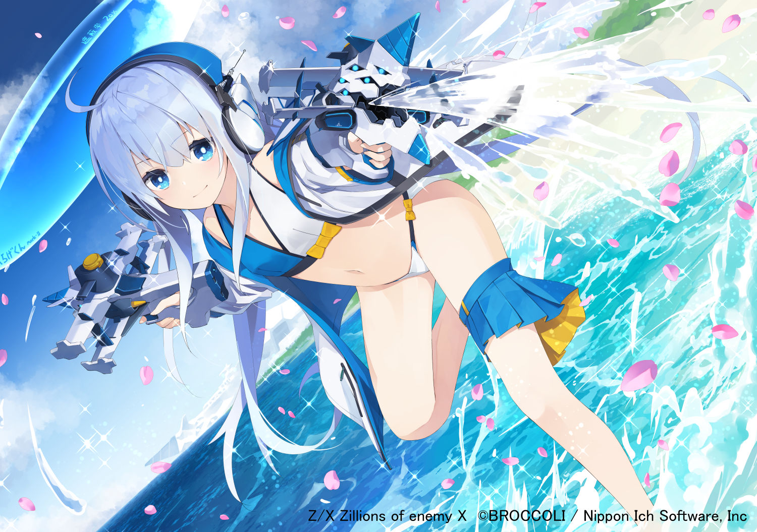 nanaroku (fortress76), z/x, official art, 1girl, ahoge, beach, bikini, blue bikini, blue eyes, closed mouth, copyright notice, food, fruit, grey hair, headphones, holding, holding food, holding fruit, holding watermelon, jacket, long hair, multicolored bikini, navel, ocean, open clothes, open jacket, outdoors, pink petals, solo, splashing, standing, standing on one leg, swimsuit, watermelon, white bikini, white jacket, yui (z/x)
