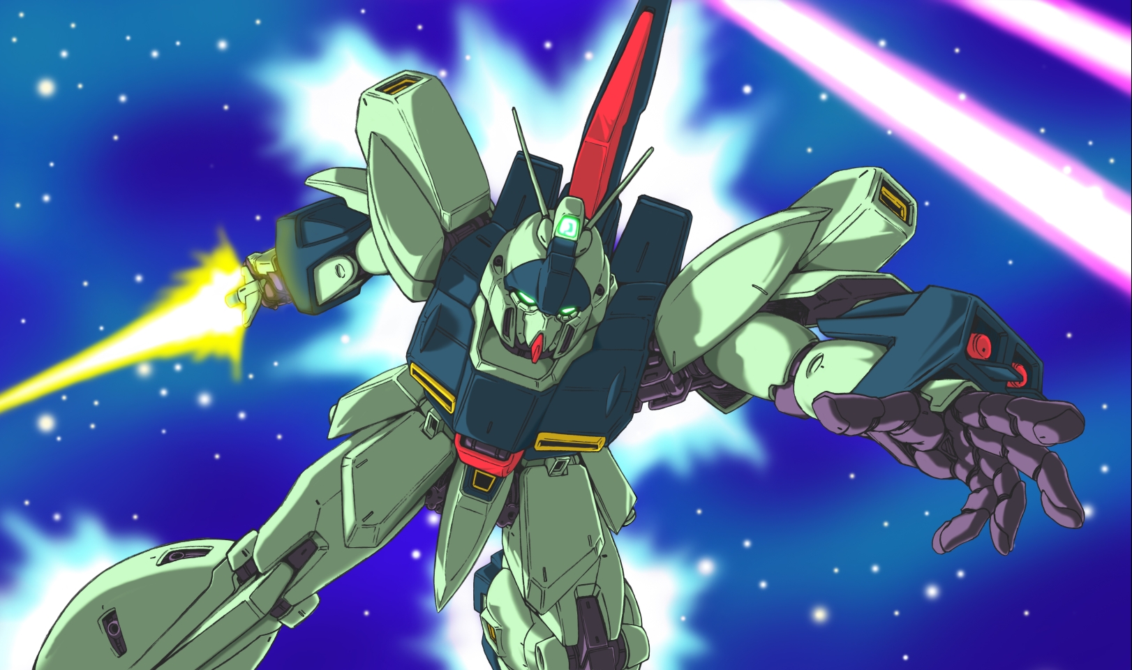 gmbh, re-gz, char's counterattack, gundam, highres, energy sword, laser, mecha, outstretched arm, robot, space, star (sky), sword, weapon
