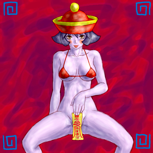 hsien-ko, capcom, darkstalkers, 1girl, bikini, bottomless, breasts, female focus, jiangshi, medium breasts, solo, swimsuit, tongue