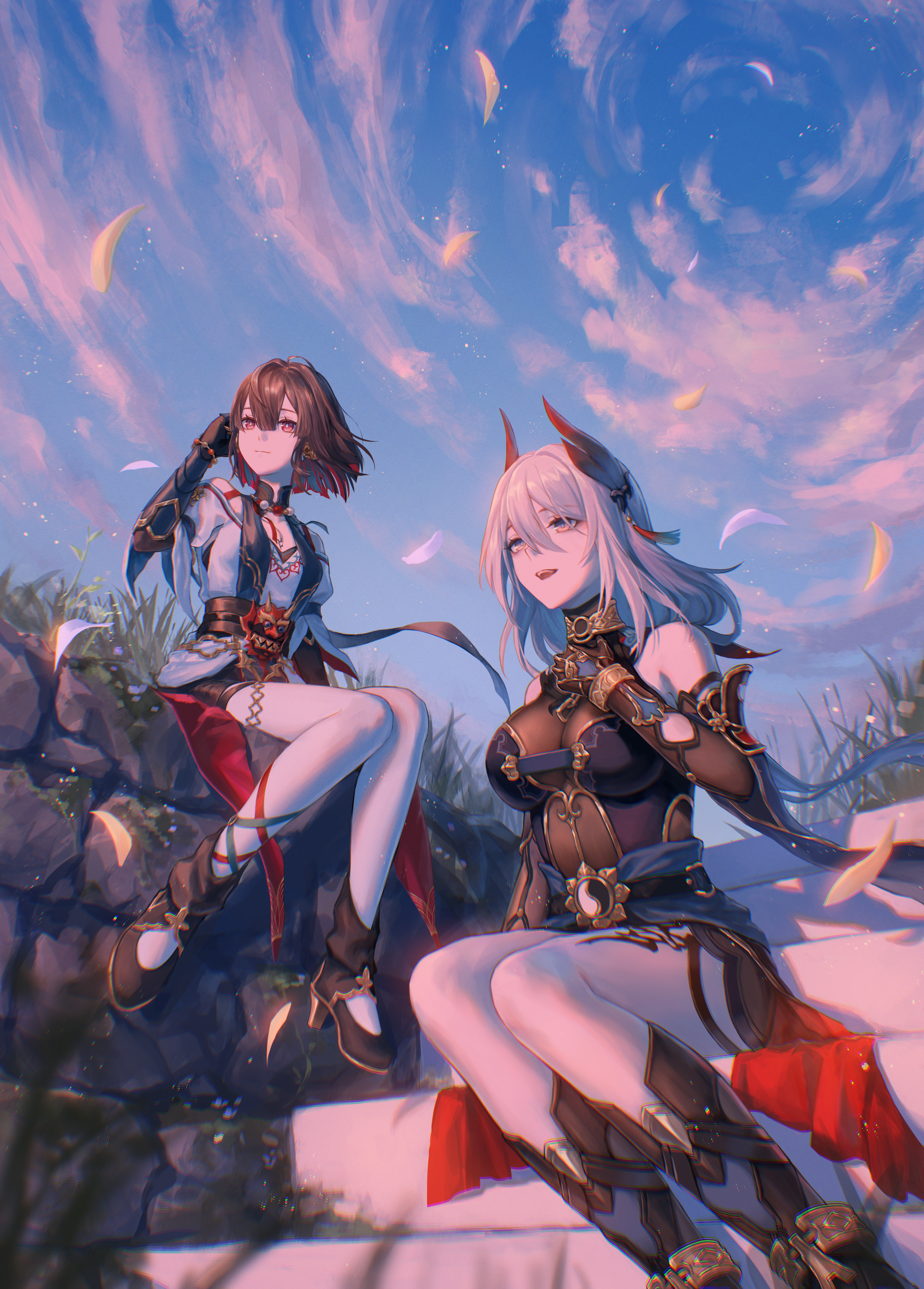 michiko (ui29), hanya (honkai: star rail), xueyi (honkai: star rail), honkai: star rail, honkai (series), absurdres, commentary request, highres, 2girls, bare shoulders, bead necklace, beads, black shorts, blue dress, bodystocking, breasts, brown hair, cloud, cloudy sky, detached sleeves, dress, gauntlets, gloves, grass, grey eyes, grey hair, high heels, jewelry, large breasts, long hair, medium hair, multiple girls, necklace, pantyhose, red eyes, shorts, siblings, sisters, sky, stairs, stone wall, tassel, thighs