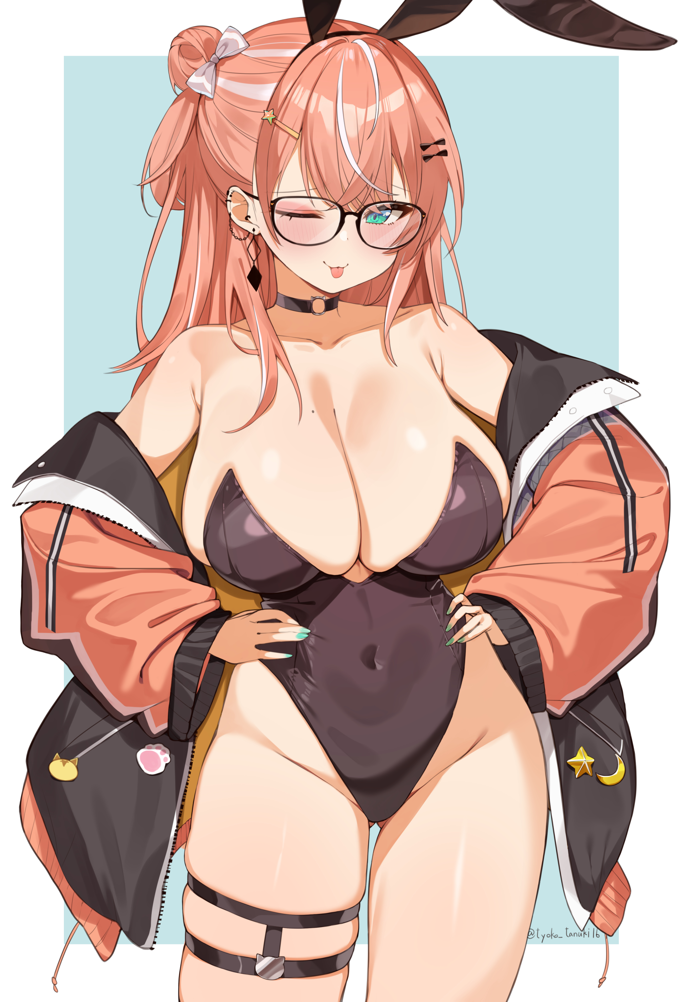 choco tanuki, igarashi rika, nijisanji, absurdres, highres, 1girl, ;p, animal ears, bare shoulders, black-framed eyewear, black bow, black choker, black jacket, black leotard, blush, border, bow, breasts, choker, cleavage, collarbone, covered navel, cowboy shot, ear piercing, earrings, fake animal ears, glasses, gluteal fold, green eyes, green nails, hair bow, hair bun, hair ornament, hairclip, hands on own hips, highleg, highleg leotard, jacket, jewelry, large breasts, leotard, long sleeves, looking at viewer, mole, mole on breast, multicolored hair, nail polish, one eye closed, orange hair, orange jacket, piercing, rabbit ears, single earring, smile, solo, streaked hair, thigh strap, thighs, tongue, tongue out, virtual youtuber, white border, white bow, white hair