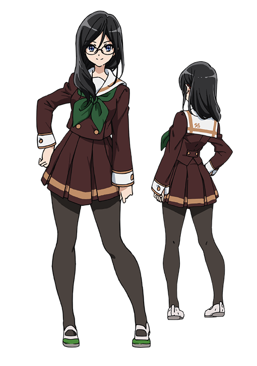 tanaka asuka, hibike! euphonium, official art, second-party source, 1girl, black hair, black pantyhose, blue eyes, brown serafuku, brown shirt, brown skirt, closed mouth, full body, glasses, green neckerchief, hair ornament, hand on own hip, kitauji high school uniform, long hair, long sleeves, looking at viewer, multiple views, neckerchief, pantyhose, pleated skirt, sailor collar, school uniform, serafuku, shirt, shoes, simple background, skirt, smile, standing, tachi-e, transparent background, turnaround, white sailor collar, white shoes