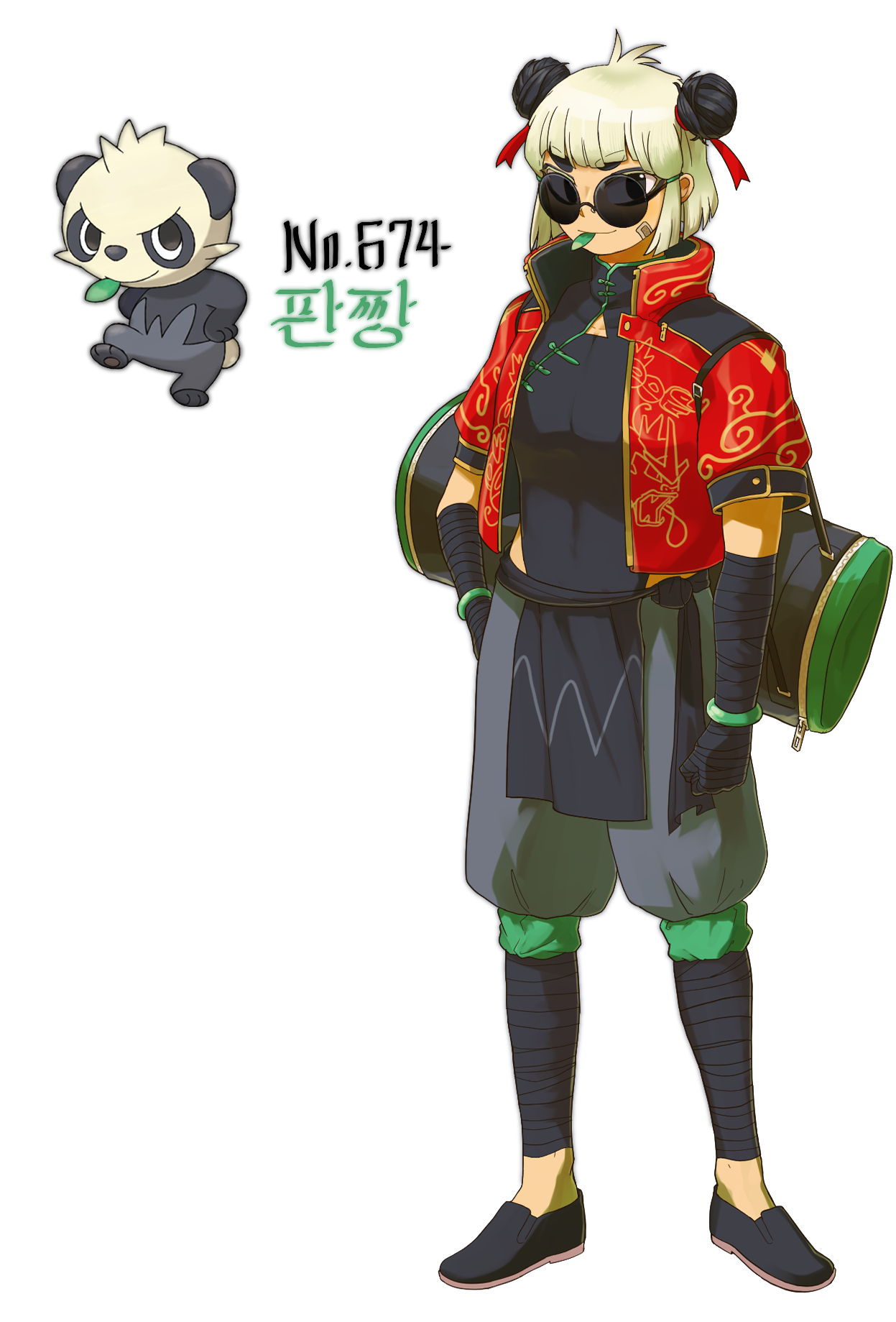 qumyak, pancham, nintendo, pokemon, highres, 1girl, arm wrap, bag, bandaid, bandaid on cheek, bandaid on face, black hair, black shoes, bracelet, china dress, chinese clothes, clenched hand, creature and personification, double bun, dress, duffel bag, gen 6 pokemon, grey shorts, hair bun, jacket, jewelry, mouth hold, multicolored hair, open clothes, open jacket, personification, pokedex number, red jacket, shoes, shorts, solo, sunglasses, two-tone hair, white background, white hair