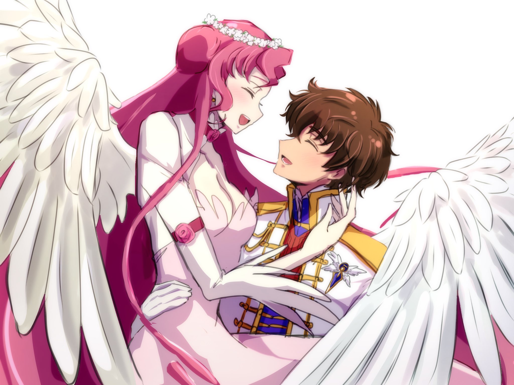 euphemia li britannia, kururugi suzaku, moegi, code geass, highres, angel, angel wings, blush, breasts, brown hair, cleavage, closed eyes, collar, couple, dress, feathered wings, flower, frilled collar, frills, gloves, hair bun, head wreath, long sleeves, open mouth, pink dress, pink hair, rose, short hair, simple background, smile, white background, white gloves, white wings, wings