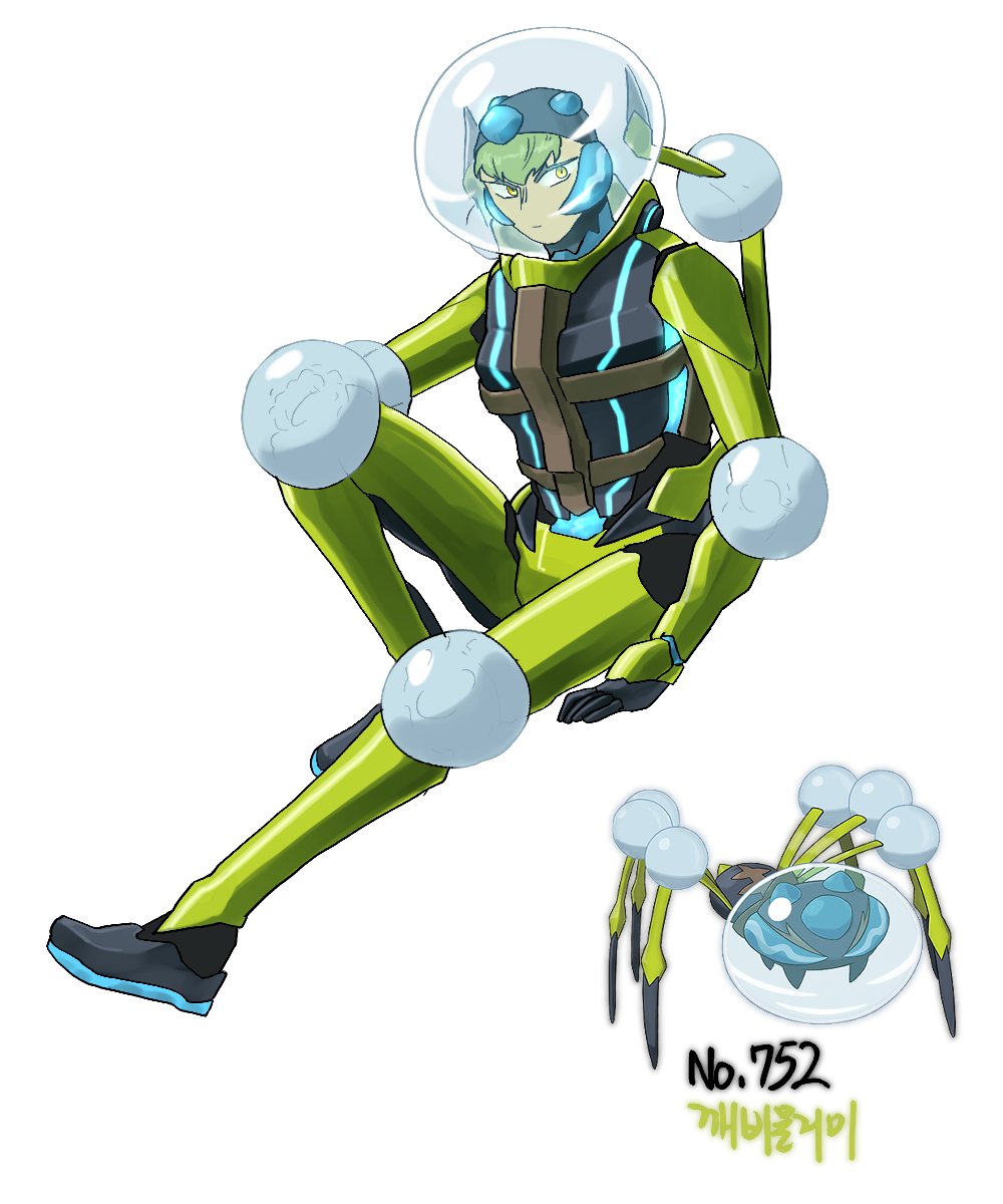 qumyak, araquanid, nintendo, pokemon, highres, black gloves, black shoes, bodysuit, creature and personification, full body, gen 7 pokemon, gloves, green hair, personification, pokedex number, pokemon (creature), reference inset, shoes, short hair, solo, swim cap, white background