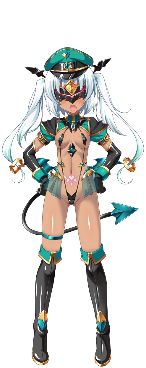 aoi masami, nina wang rockford, slave lapis, ts magical girl nao, game cg, highres, large variant set, non-web source, official art, variant set, 1girl, black gloves, blindfold, boots, breasts, covered erect nipples, dark-skinned female, dark skin, demon girl, demon tail, demon wings, elbow gloves, facing viewer, fang, full body, gloves, hands on own hips, hat, long hair, military hat, navel, open mouth, peaked cap, pubic tattoo, revealing clothes, see-through clothes, slave gear, slave visor (tsmg nao!), slingshot swimsuit, small breasts, solo, standing, swimsuit, tachi-e, tail, tan, tattoo, thigh boots, thigh strap, thighhighs, transparent background, twintails, white hair, wings