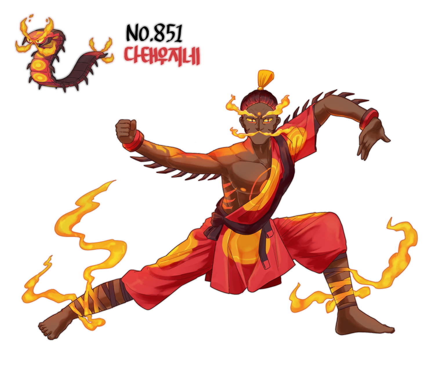 qumyak, centiskorch, nintendo, pokemon, highres, 1boy, barefoot, bracelet, clenched hand, colored sclera, creature and personification, dark-skinned male, dark skin, dougi, facial hair, fighting stance, fire, gen 8 pokemon, jewelry, male focus, mustache, nipples, personification, pokedex number, pokemon (creature), solo, topknot, white background, yellow sclera