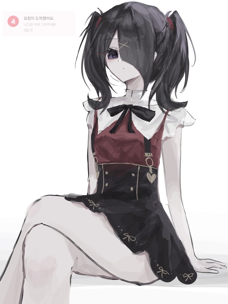 ame-chan (needy girl overdose), needy girl overdose, translation request, 1girl, black eyes, black hair, chinese text, crossed legs, diagonal bangs, expressionless, feet out of frame, hair ornament, hair over one eye, himexuime, looking at viewer, neck ribbon, red shirt, ribbon, shirt, short twintails, sitting, skirt, solo, suspender skirt, suspenders, twintails, winged sleeves, x hair ornament