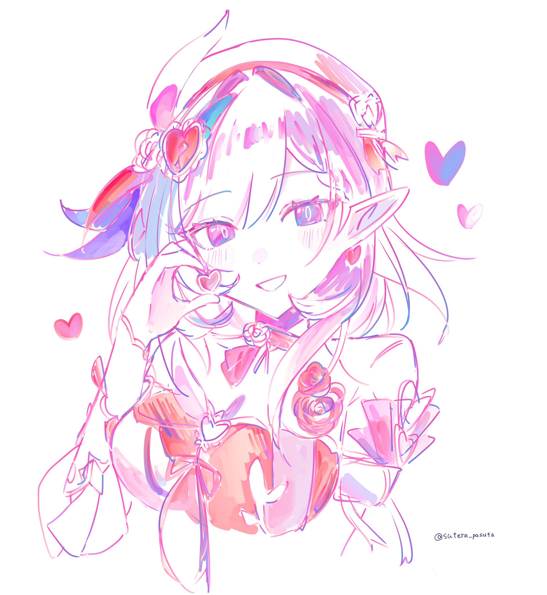 sutera pasuta, elysia (hi love elf) (honkai impact), elysia (honkai impact), honkai (series), honkai impact 3rd, commentary request, highres, 1girl, beret, breasts, cropped torso, diamond-shaped pupils, diamond (shape), earrings, elf, half-heart hands, hat, heart, heart earrings, jewelry, large breasts, long hair, looking at viewer, multicolored hair, pink hair, pointy ears, purple eyes, simple background, solo, symbol-shaped pupils, twitter username, two-tone hair, very long hair, white background, white hair