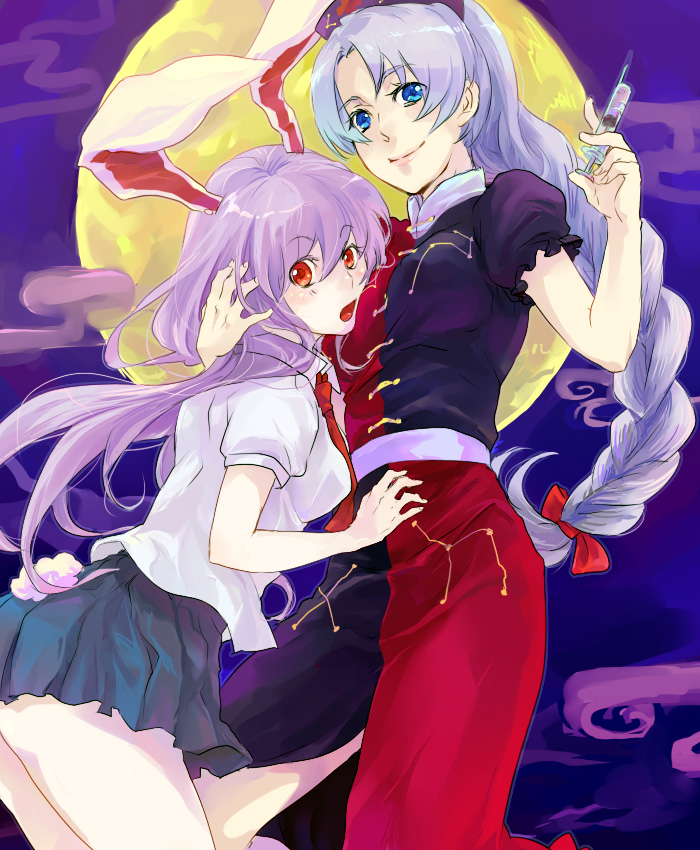 akaya (rednight dd), reisen udongein inaba, yagokoro eirin, touhou, silver hair, 2girls, animal ears, blue eyes, female focus, hat, long hair, moon, multiple girls, outdoors, purple hair, rabbit ears, rabbit tail, red eyes, sky, standing, syringe, tail