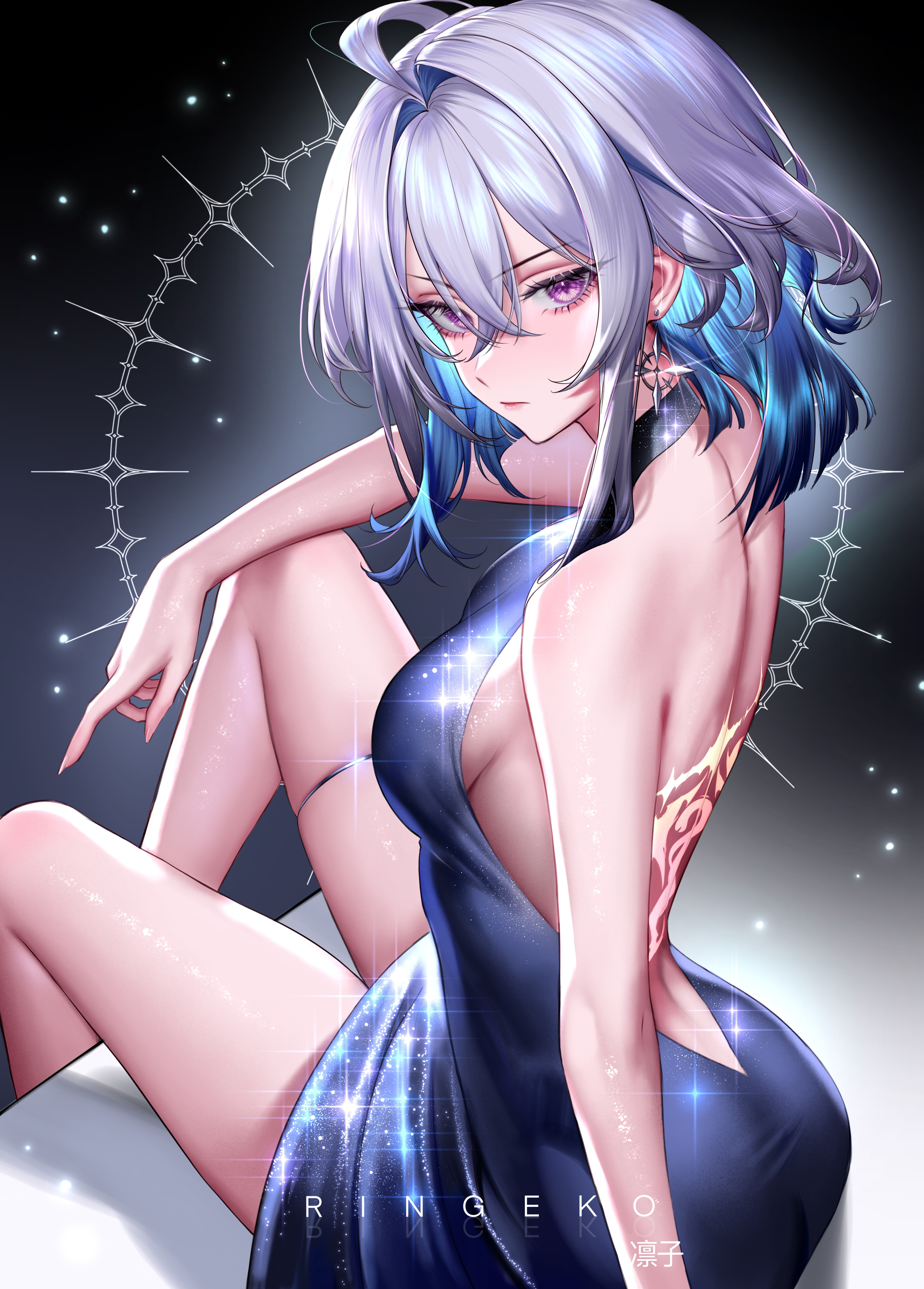 ringeko-chan, galbrena (wuthering waves), wuthering waves, absurdres, commentary, highres, 1girl, ahoge, alternate costume, artist name, back tattoo, backless dress, backless outfit, bare shoulders, blue dress, blue hair, breasts, closed mouth, colored inner hair, dress, earrings, fingernails, from side, grey hair, hair between eyes, hair intakes, halter dress, halterneck, jewelry, large breasts, legs, looking at viewer, looking to the side, medium hair, multicolored hair, purple eyes, sitting, solo, tattoo, thigh strap