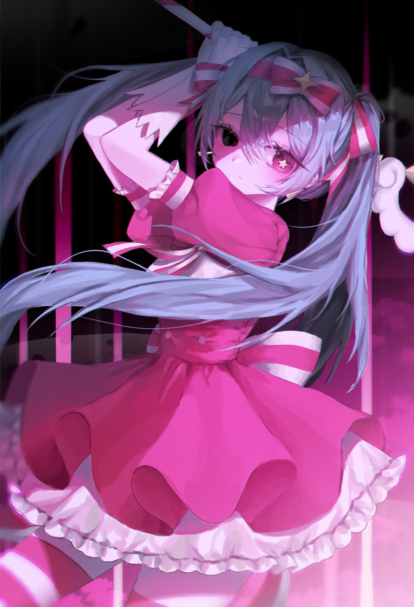 hatsune miku, vocaloid, costume request, highres, 1girl, back bow, black eyes, blue hair, bow, corset, cowboy shot, dress, gloves, hair between eyes, hair flowing over, hairband, himexuime, holding, holding wand, ima sugu rinne (vocaloid), imminent attack, layered dress, light frown, looking at viewer, monochrome, partially shaded face, pink dress, pink eyes, sidelocks, solo, star-shaped pupils, star (symbol), striped clothes, striped thighhighs, symbol-shaped pupils, thighhighs, twintails, wand, white dress, white gloves, zettai ryouiki