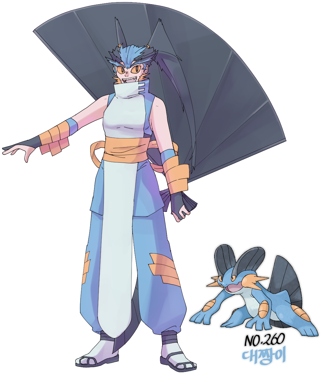 qumyak, swampert, nintendo, pokemon, highres, 1girl, black hair, blue hair, breasts, colored sclera, creature and personification, gen 3 pokemon, personification, pokedex number, pokemon (creature), sandals, sharp teeth, sleeveless, small breasts, socks, standing, teeth, twintails, white socks, yellow sclera