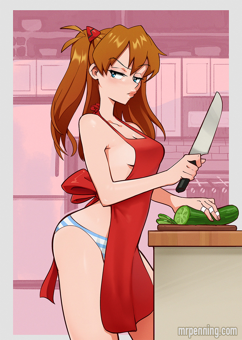 mrpenguin, souryuu asuka langley, neon genesis evangelion, highres, 1girl, apron, artist name, ass, blue eyes, blush, breasts, brown hair, cleavage, cookie, curvy, embarrassed, food, indoors, injury, interface headset (evangelion), kitchen, long hair, looking at viewer, naked apron, panties, parted lips, shiny skin, solo, standing, striped clothes, striped panties, tsundere, underwear, white panties, wide hips