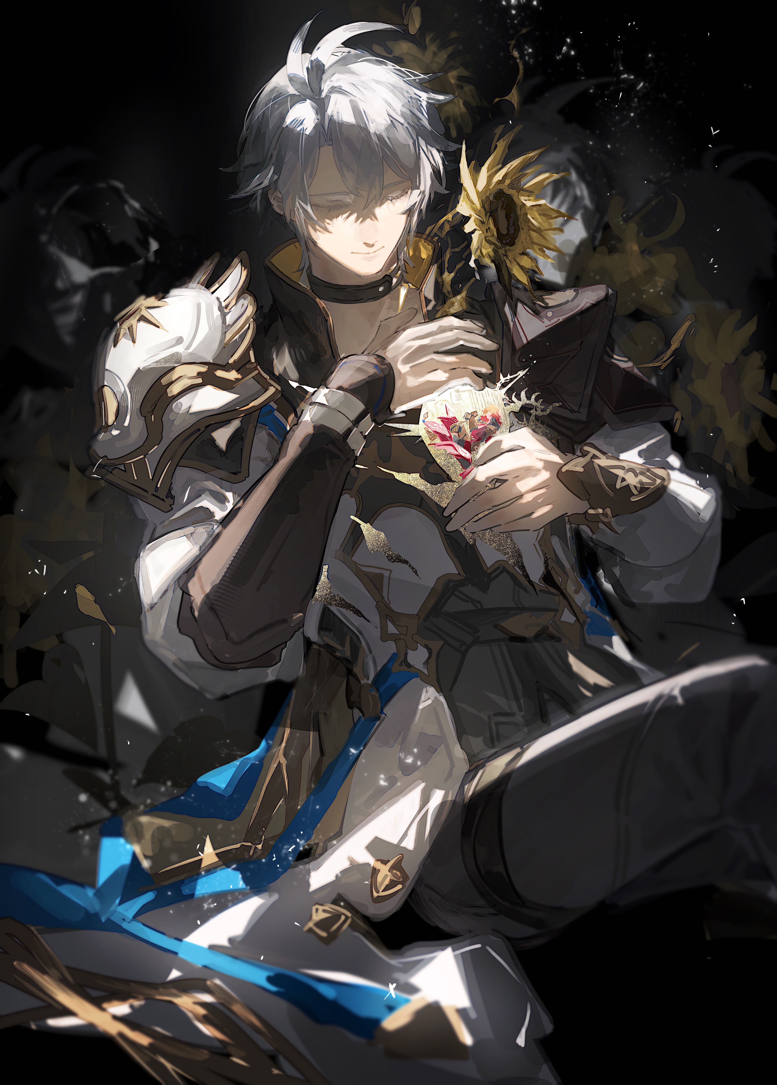 dichlorvos, mydei (honkai: star rail), phainon (honkai: star rail), honkai: star rail, honkai (series), absurdres, chinese commentary, commentary request, highres, 2boys, antenna hair, armlet, armor, black choker, black coat, black pants, black shirt, blonde hair, blue cape, braid, cape, chest tattoo, choker, clawed gauntlets, closed eyes, coat, flower, gradient hair, jewelry, male focus, medium hair, multicolored hair, multiple boys, neck tattoo, open clothes, open coat, pants, parted bangs, pauldrons, red hair, red tattoo, shirt, short hair, shoulder armor, side braid, single pauldron, sun symbol, sun tattoo, sunflower, tan, tattoo, white coat, white hair