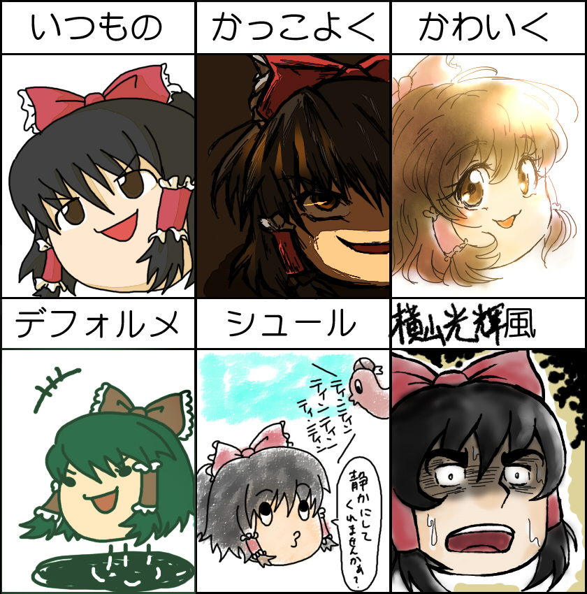 chikin watanabe raisu, mitsuteru yokoyama, hakurei reimu, touhou, translated, 1girl, chart, female focus, multiple expressions, parody, ribbon, smile, style parody, yukkuri shiteitte ne