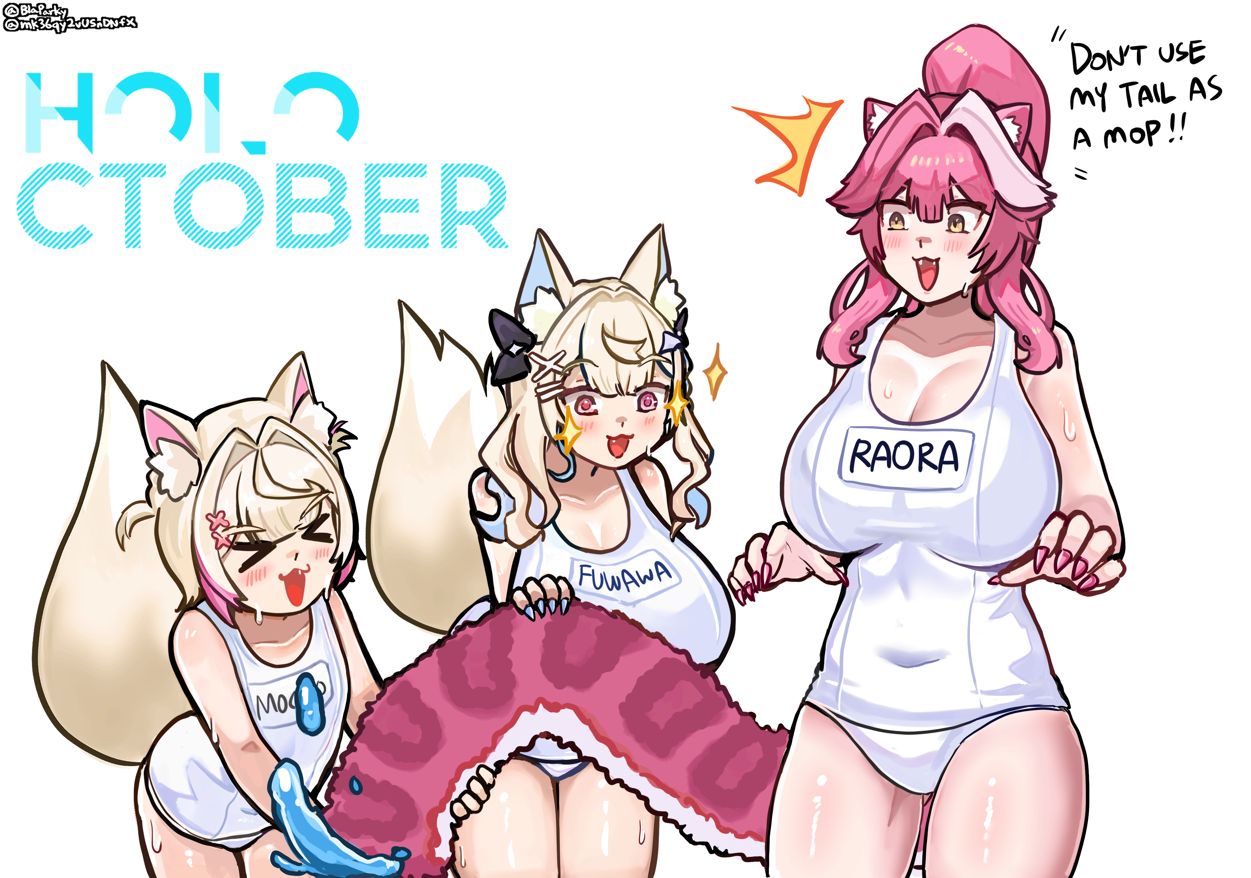 blaparky, fuwawa abyssgard, mococo abyssgard, raora panthera, hololive, hololive english, absurdres, commentary, english commentary, highres, > <, 3girls, animal ears, artist name, bare shoulders, black bow, blonde hair, blue hair, blue nails, blush, bow, breasts, character name, cleavage, closed eyes, collarbone, colored inner animal ears, covered navel, dog ears, dog girl, dog tail, english text, fang, fangs, fingernails, hair bow, hair intakes, hair ornament, hairclip, high ponytail, huge breasts, long hair, medium hair, multicolored hair, multiple girls, nail polish, name tag, old school swimsuit, one-piece swimsuit, open mouth, panther ears, panther girl, panther tail, pink eyes, pink hair, pink nails, pink tail, ponytail, school swimsuit, shiny skin, simple background, smile, streaked hair, swimsuit, tail, thighs, twitter username, two-tone hair, two side up, v-shaped eyebrows, virtual youtuber, wet, white background, white one-piece swimsuit, yellow eyes, yellow tail