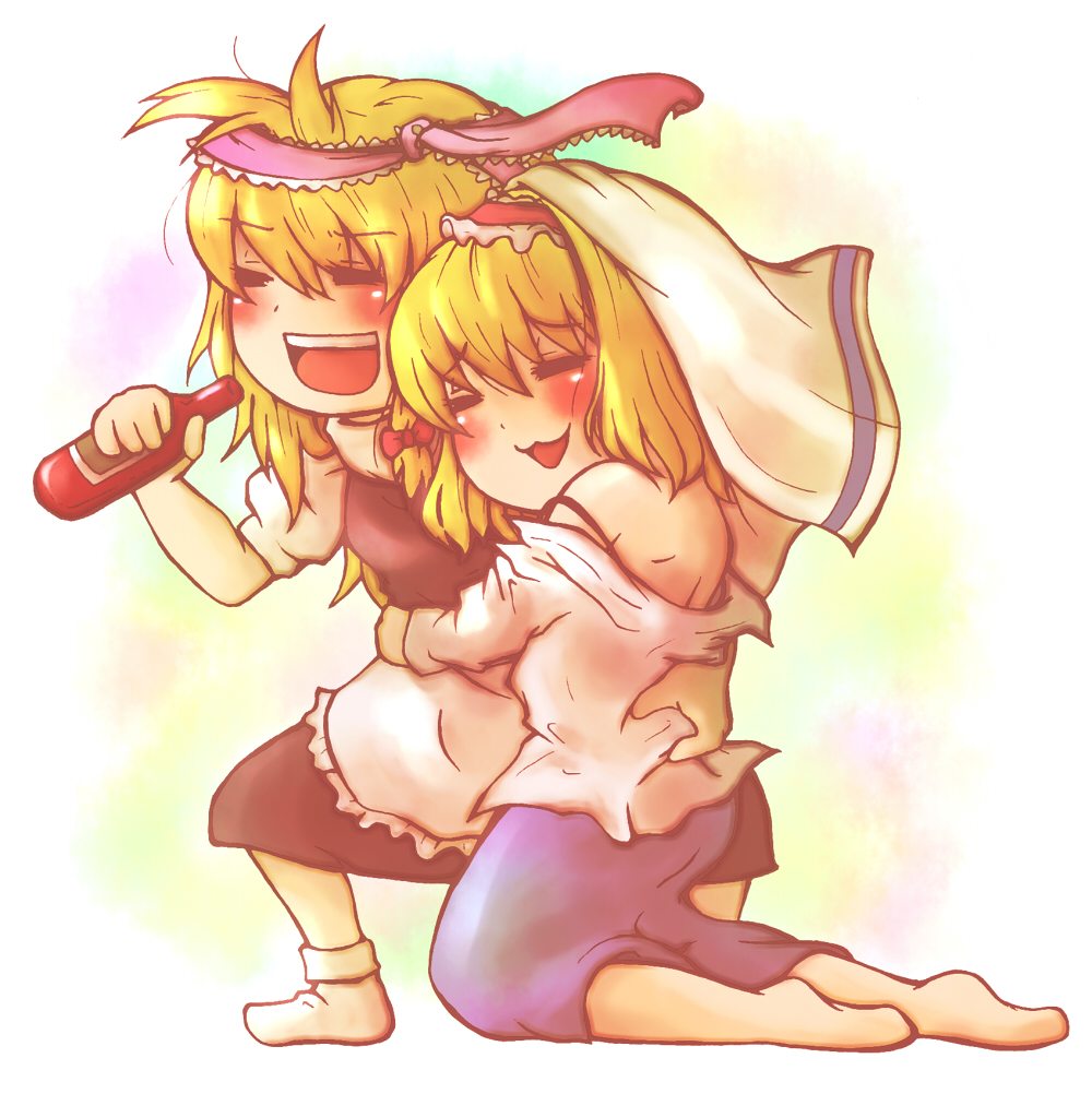 chikin watanabe raisu, alice margatroid, kirisame marisa, touhou, 2girls, = =, barefoot, blonde hair, blush, bottle, chibi, closed eyes, drinking, drunk, female focus, hairband, long hair, multiple girls, necktie, ribbon, short hair, yuri