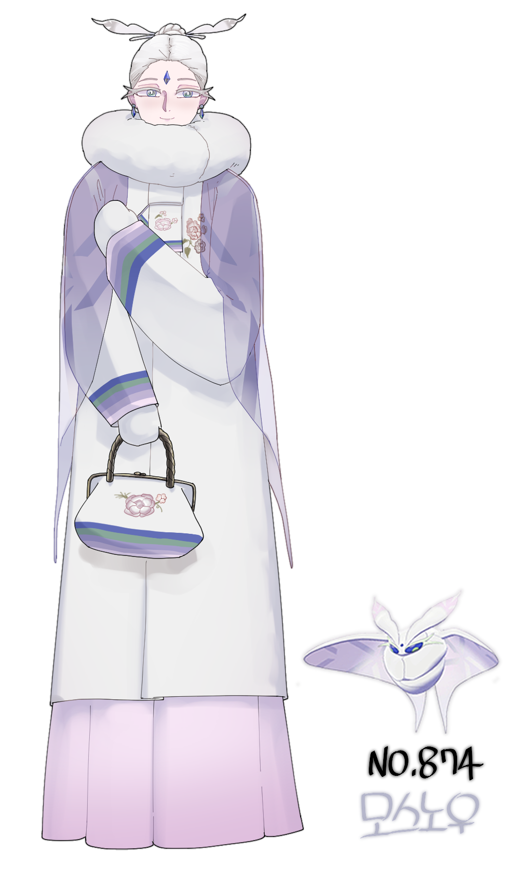 qumyak, frosmoth, nintendo, pokemon, highres, 1other, bag, creature and personification, earrings, eyelashes, forehead jewel, full body, gen 8 pokemon, grey eyes, hair bun, hair ornament, hair stick, handbag, jewelry, looking at viewer, mittens, personification, pokedex number, pokemon (creature), robe, scarf, short hair, solo, standing, white background, white mittens, white scarf