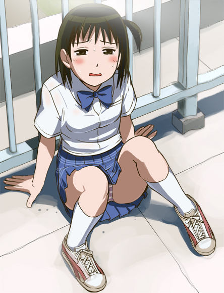 haruyama kazunori, arashiyama hotori, soredemo machi wa mawatteiru, black hair, panties, ribbon, school uniform, side ponytail, sitting, skirt, solo, soredemo machi ha mawatteiru, striped clothes, striped panties, underwear, upskirt