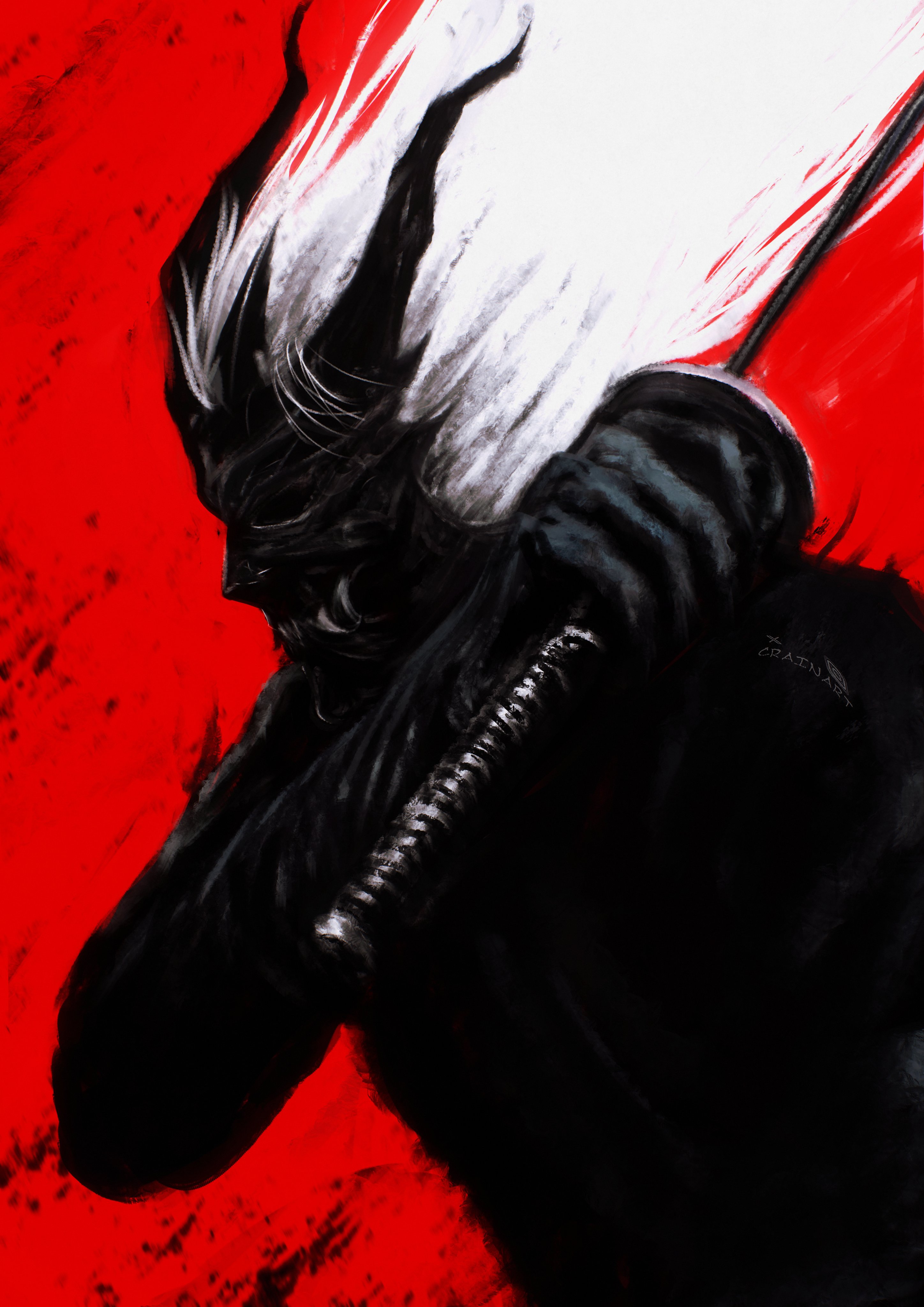 crain1art, sunny (shadow slave), shadow slave, absurdres, highres, 1other, black gloves, demon horns, gloves, hair flowing over, holding, holding sword, holding weapon, horns, limited palette, long hair, mask, official alternate costume, out of frame, painterly, red background, sharp teeth, simple background, solo, sword, teeth, upper body, very long hair, weapon, white hair