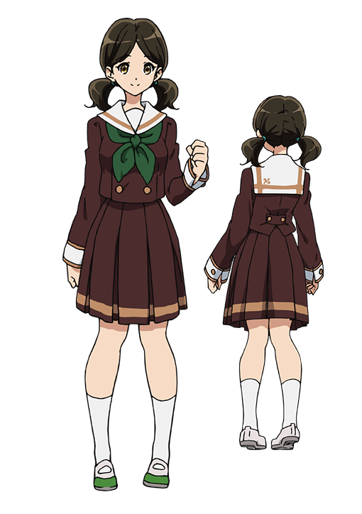 ogasawara haruka, hibike! euphonium, official art, second-party source, 1girl, brown eyes, brown hair, brown serafuku, brown shirt, brown skirt, closed mouth, full body, green neckerchief, hair ornament, hand up, kitauji high school uniform, kneehighs, long hair, long sleeves, looking at viewer, low twintails, multiple views, neckerchief, pleated skirt, sailor collar, school uniform, serafuku, shirt, shoes, simple background, skirt, smile, socks, standing, tachi-e, transparent background, turnaround, twintails, white sailor collar, white socks