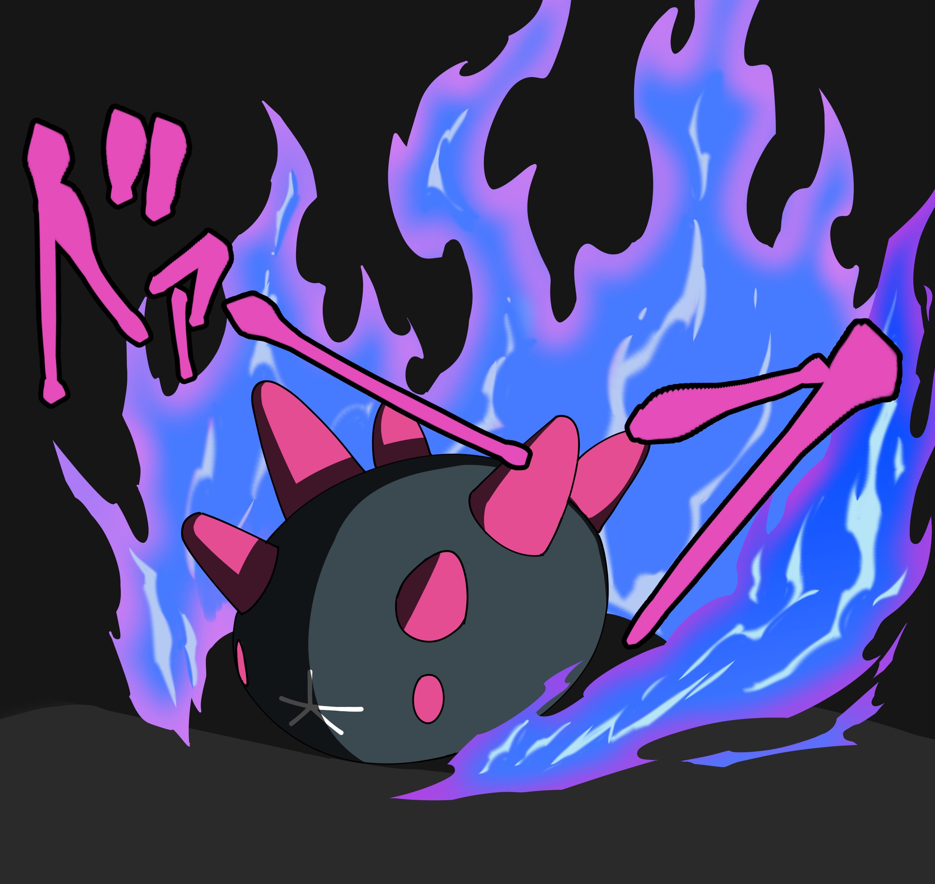 qumyak, pyukumuku, nintendo, pokemon, absurdres, highres, blue fire, fire, full body, gen 7 pokemon, no humans, pink eyes, pokemon (creature), solo, sound effects
