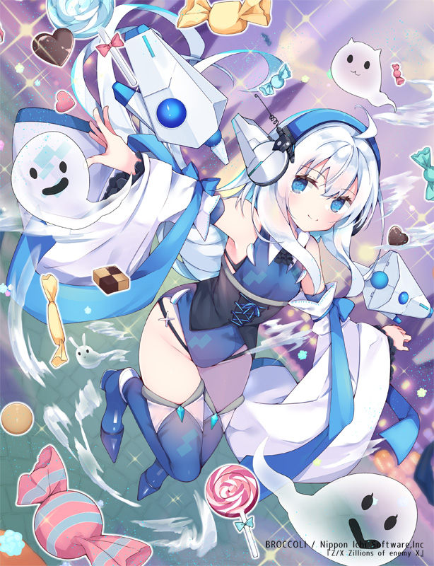 satsuki mayuri, z/x, official art, 1girl, ahoge, bare shoulders, blue bodysuit, blue eyes, bodysuit, boots, breasts, candy, candy wrapper, chocolate, chocolate heart, closed mouth, cookie, copyright notice, detached sleeves, floating hair, food, ghost, grey hair, headphones, heart, heart-shaped food, lollipop, long hair, outstretched arms, small breasts, smile, solo, sparkle, spread arms, swirl lollipop, thigh boots, yui (z/x)