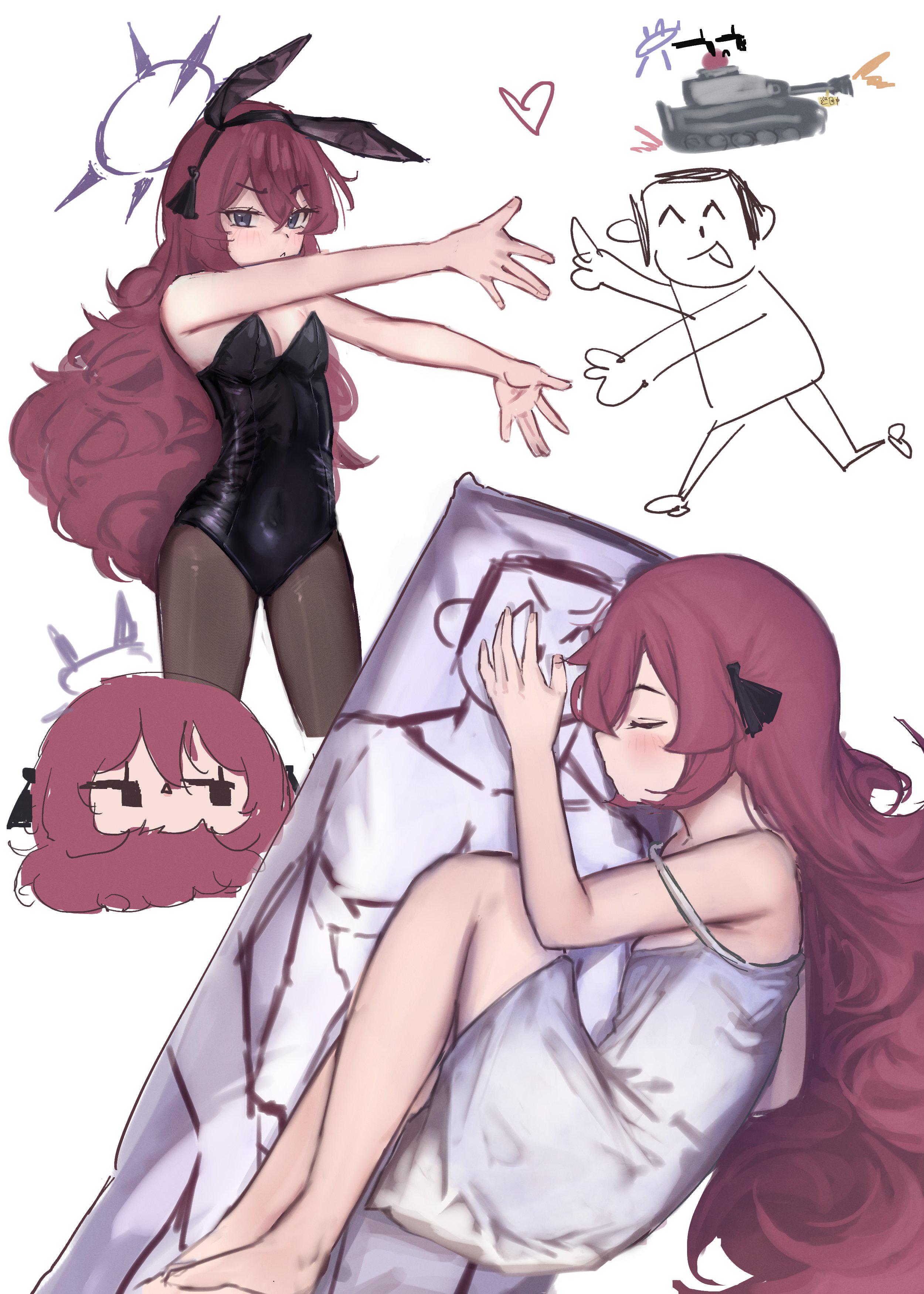 ahiru (ahahahahiru), doodle sensei (blue archive), iroha (blue archive), sensei (blue archive), blue archive, absurdres, highres, third-party source, 1boy, 1girl, ^ ^, alternate costume, animal ear hairband, animal ears, bare shoulders, black leotard, black ribbon, blush, breasts, brown pantyhose, chemise, cleavage, closed eyes, closed mouth, covered navel, curly hair, dakimakura (object), doodle inset, dress, facing viewer, fake animal ears, fingernails, grey eyes, hair ribbon, hairband, halo, hands up, heart, hugging object, knees up, leotard, long hair, looking at viewer, looking to the side, lying, military vehicle, motor vehicle, multiple views, on side, pantyhose, pillow, playboy bunny, purple halo, rabbit ear hairband, rabbit ears, red hair, ribbon, short dress, sideways glance, simple background, sleeping, sleepwear, sleeveless, sleeveless dress, small breasts, smile, standing, strapless, strapless leotard, tank, tiger i, tongue, tongue out, very long hair, white background, white dress