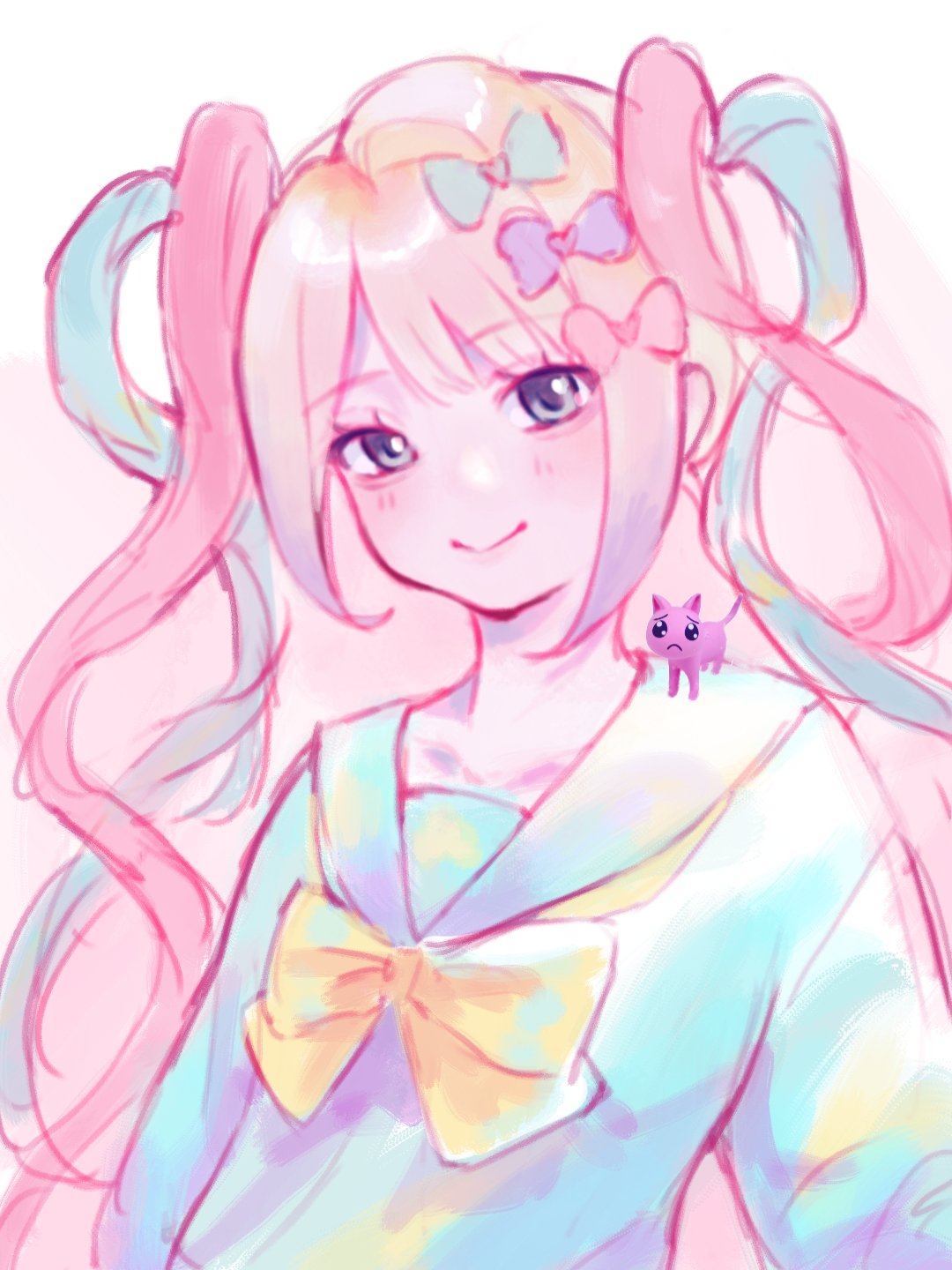 ame (tokwapatatas), chouzetsusaikawa tenshi-chan, pien cat (needy girl overdose), needy girl overdose, highres, 1girl, aegyo sal, blonde hair, blue eyes, blue hair, blue sailor collar, blunt bangs, bow, chest bow, colored tips, hair bow, looking at viewer, multicolored hair, multiple hair bows, pink hair, quad tails, sailor collar, sidelocks, smile, solo, upper body