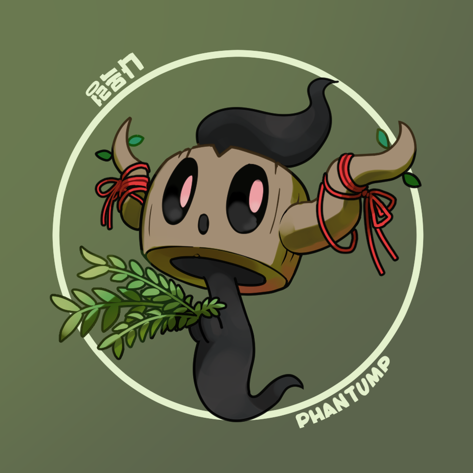 qumyak, phantump, nintendo, pokemon, black sclera, character name, colored sclera, full body, gen 6 pokemon, no humans, pink eyes, plant, pokemon (creature), pokemon focus, red ribbon, ribbon, simple background