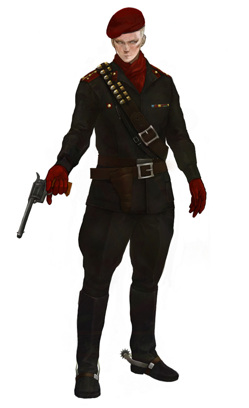 revolver ocelot, metal gear (series), metal gear solid 3: snake eater, 1boy, aged down, bandolier, belt, blonde hair, boots, cowboy boots, gloves, gun, handgun, holster, male focus, military, military uniform, revolver, solo, spurs, weapon, white background