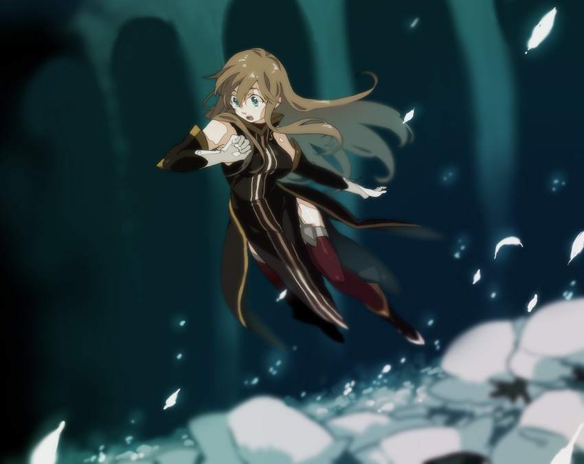 tear grants, tales of (series), tales of the abyss, 00s, 1girl, blue eyes, blurry, boots, brown hair, depth of field, dress, female focus, garden, gloves, knee boots, long hair, solo, surprised, tabard, thighhighs, zettai ryouiki