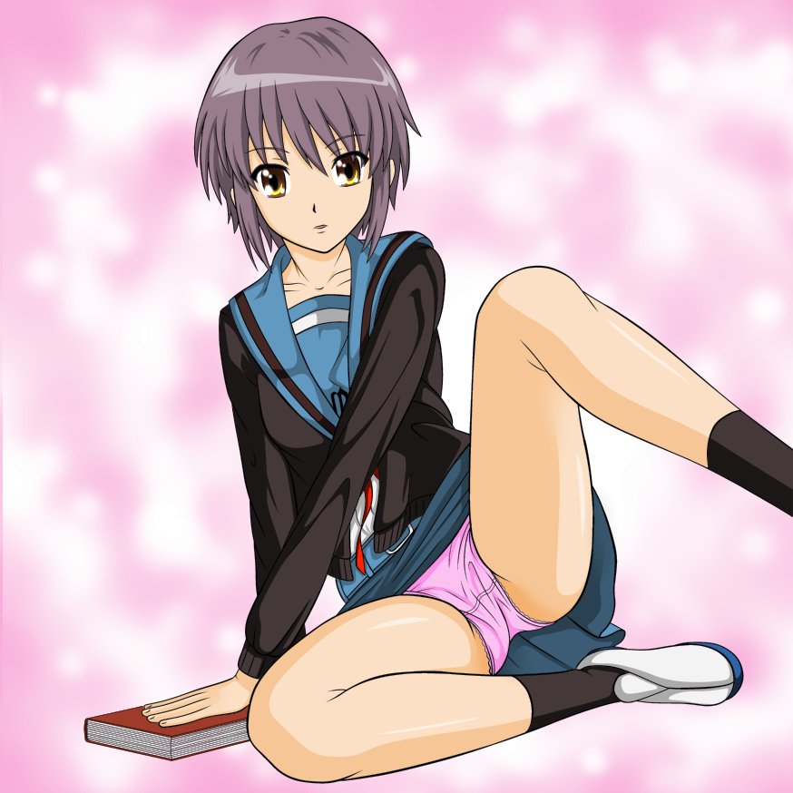 nike (0306), nagato yuki, suzumiya haruhi no yuuutsu, 00s, 1girl, book, cardigan, female focus, leg lift, legs, no eyewear, panties, pantyshot, pink panties, school uniform, serafuku, short hair, sitting, solo, underwear