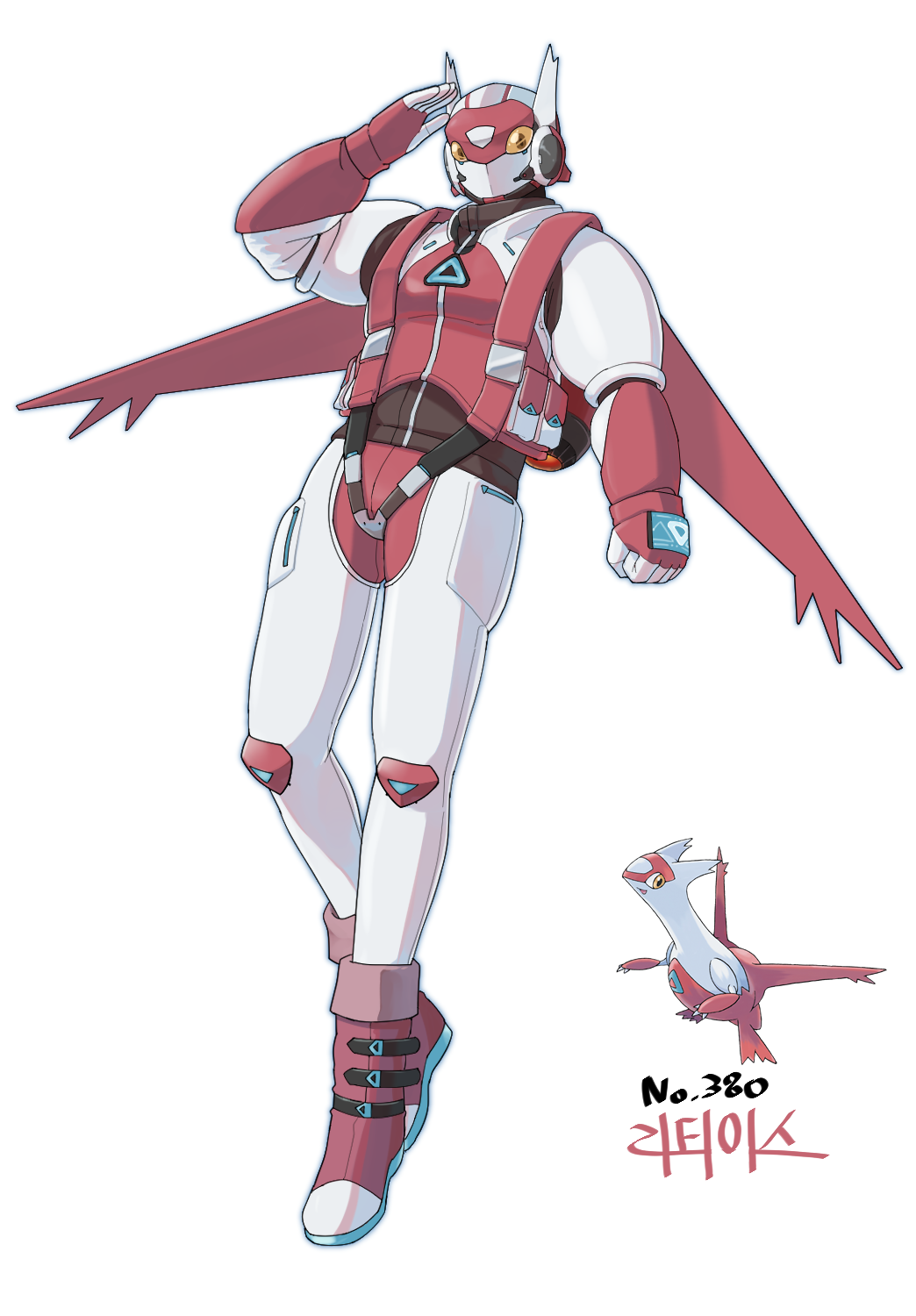 qumyak, latias, nintendo, pokemon, highres, 1girl, clenched hand, creature and personification, full body, gen 3 pokemon, harness, helmet, legendary pokemon, personification, pokedex number, pokemon (creature), pouch, salute, solo, white background