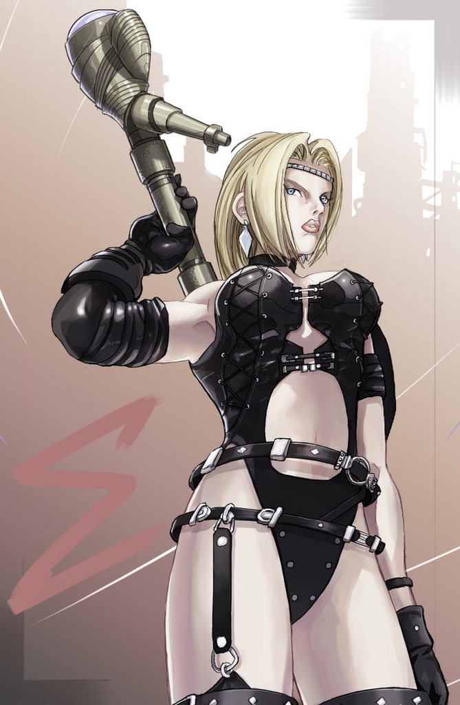 rachel (ninja gaiden), ninja gaiden, tecmo, 1girl, armband, armor, armpits, axe, belt, blonde hair, blue eyes, breasts, buckle straps, cleavage cutout, clothing cutout, earrings, elbow gloves, female focus, fighting stance, garter belt, gloves, headband, jewelry, laceups, leather, leather armor, leotard, lips, lipstick, makeup, medium breasts, one-piece swimsuit, shadow, solo, standing, strap, studded leather, swimsuit, thighs, tiara, weapon