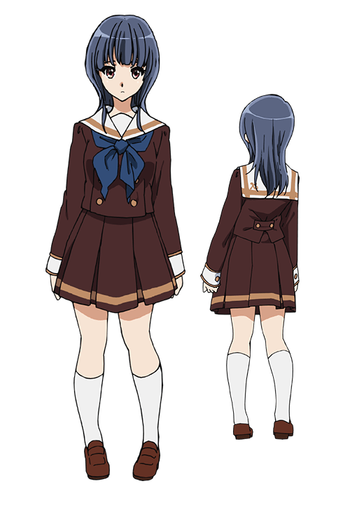yoroizuka mizore, hibike! euphonium, official art, second-party source, 1girl, arms at sides, blue hair, breasts, brown serafuku, brown shirt, brown shoes, brown skirt, closed mouth, expressionless, full body, kitauji high school uniform, kneehighs, loafers, long hair, long sleeves, looking at viewer, medium breasts, multiple views, neckerchief, pleated skirt, red eyes, sailor collar, school uniform, serafuku, shirt, shoes, simple background, skirt, socks, standing, tachi-e, transparent background, turnaround, white sailor collar, white socks