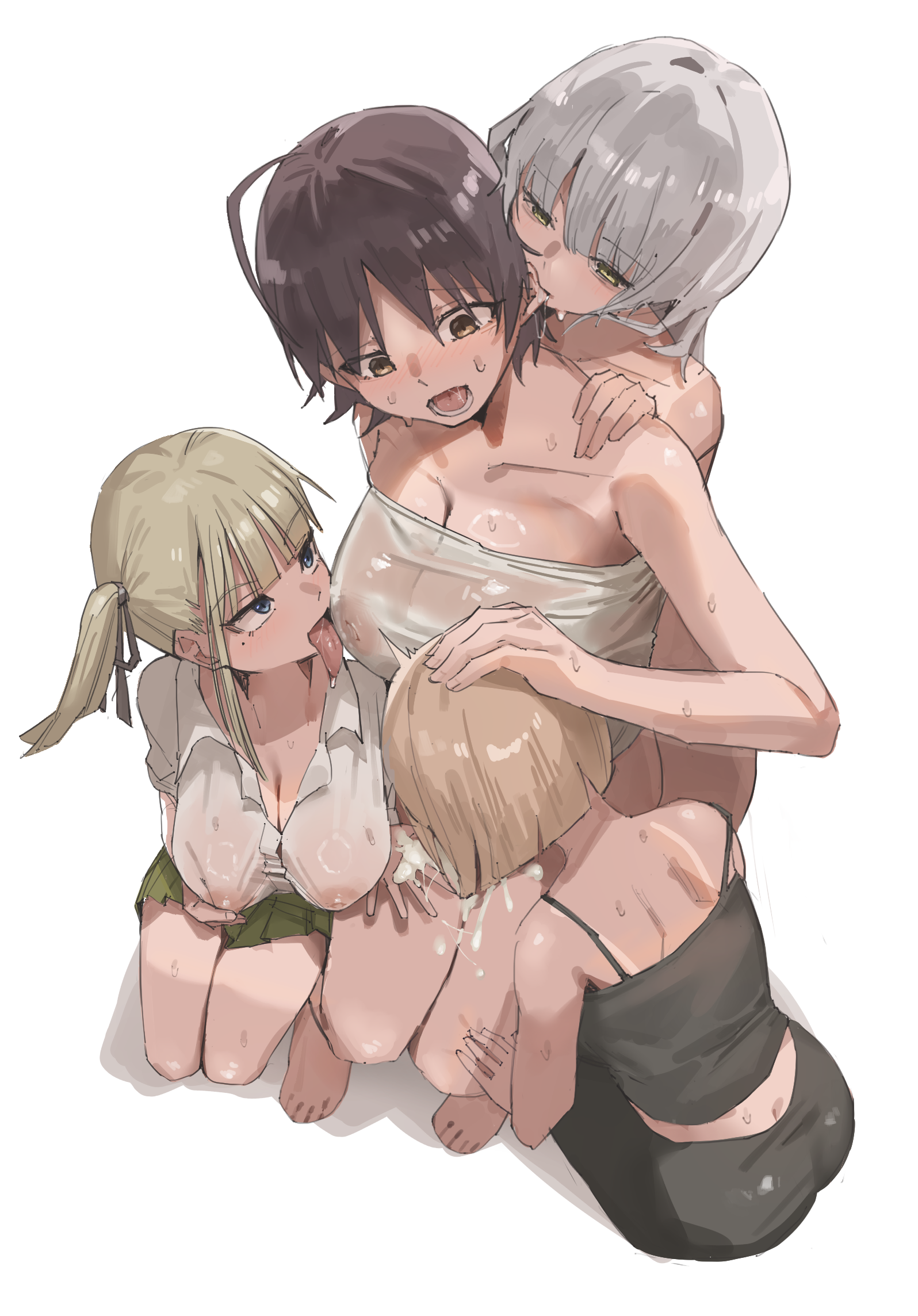 uuuron cha, original, commentary request, highres, 4girls, black ribbon, blonde hair, breasts, brown eyes, brown hair, cleavage, collarbone, cum, fellatio, futa with female, futanari, green skirt, grey hair, hair ribbon, large breasts, looking at another, multiple girls, nipples, one side up, oral, ribbon, saliva, see-through clothes, shirt, short hair, simple background, skirt, tan, tanline, tongue, tongue out, white background, white shirt