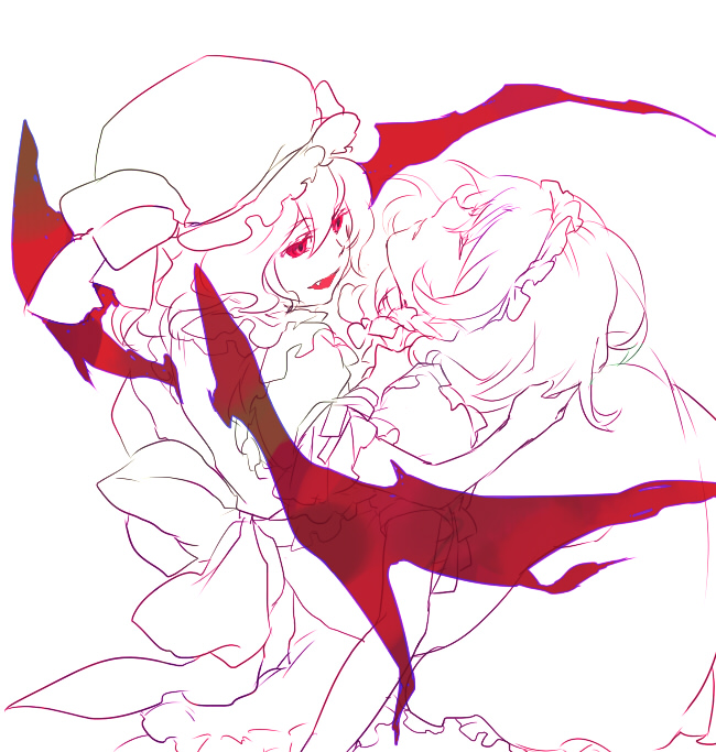 akaya (rednight dd), izayoi sakuya, remilia scarlet, touhou, 2girls, bat wings, closed eyes, female focus, hairband, hat, maid, monochrome, multiple girls, red eyes, ribbon, short hair, spot color, white background, wings
