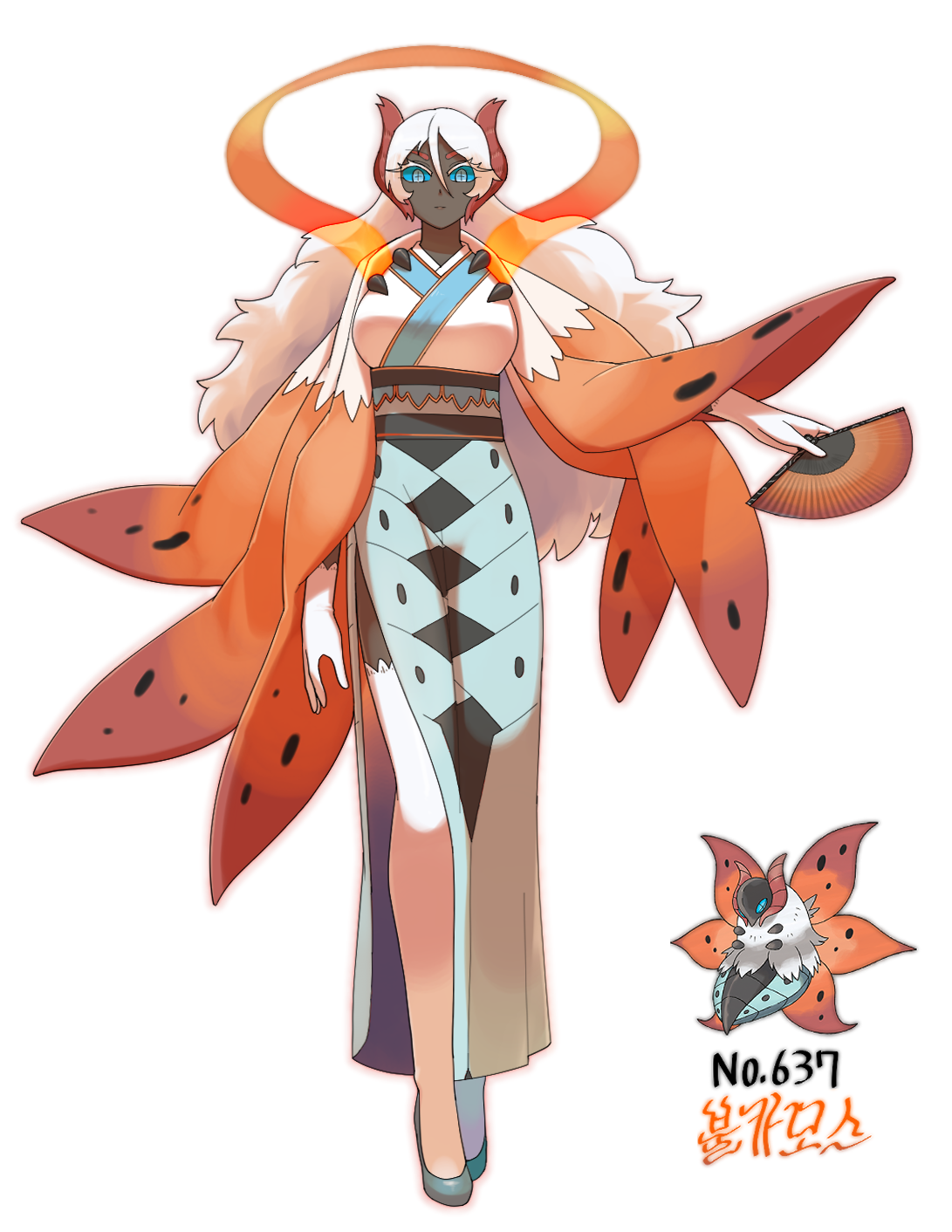 qumyak, volcarona, nintendo, pokemon, fluffy hair, highres, 1girl, blue eyes, blue sclera, colored sclera, dark-skinned female, dark skin, folding fan, full body, gen 5 pokemon, gloves, hair between eyes, hand fan, holding, holding fan, japanese clothes, kimono, long hair, looking at viewer, personification, pokedex number, pokemon (creature), solo, standing, very long hair, white gloves, white hair
