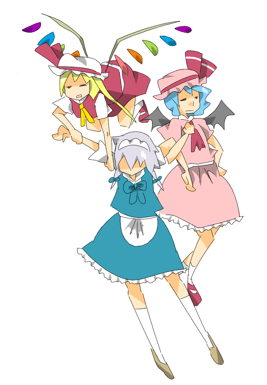 murata (kendou), murata (pixiv52761), flandre scarlet, izayoi sakuya, remilia scarlet, touhou, silver hair, bad id, bad pixiv id, highres, 3girls, bat wings, blonde hair, blue hair, female focus, hairband, hat, maid, mob cap, multiple girls, ribbon, short hair, wings