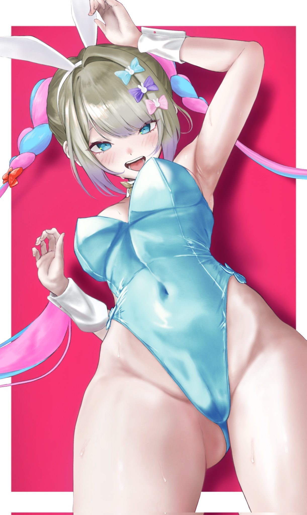chouzetsusaikawa tenshi-chan, chouzetsusaikawa tenshi-chan (playboy bunny), needy girl overdose, highres, 1girl, :d, animal ear hairband, animal ears, blonde hair, blue eyes, blue hair, blunt bangs, border, bow, braid, collar, fake animal ears, from below, hair bow, hairband, hands up, leotard, looking at viewer, meguru same, multiple hair bows, navel, no pants, official alternate costume, open mouth, outside border, partially visible vulva, pink background, pink hair, playboy bunny, rabbit ear hairband, rabbit ears, revealing clothes, sidelocks, smile, twin braids, twintails, wedgie, white border, wrist cuffs